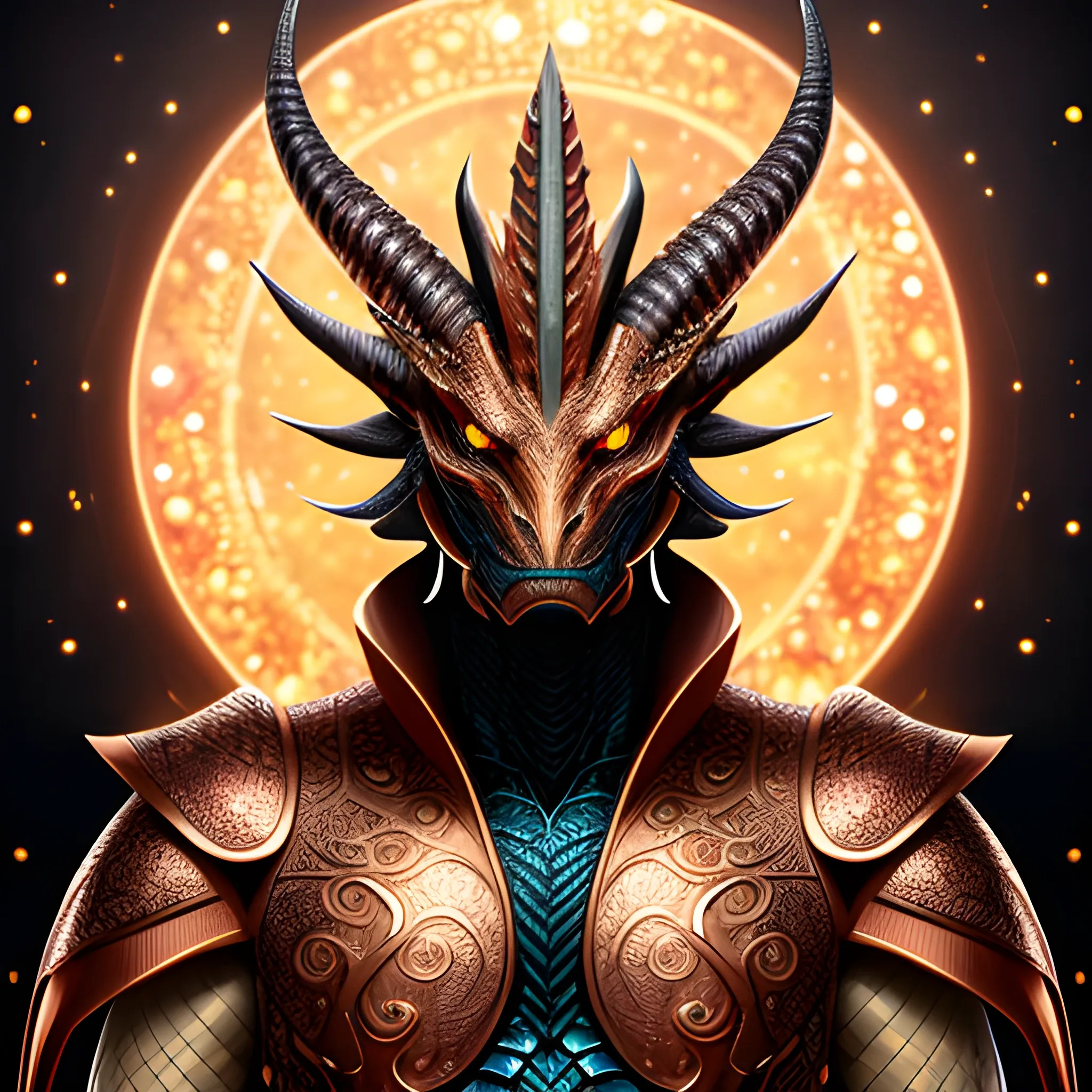 Small dragon humanoid looking at the camera. He has copper scales, and is wearing a robe made of stars. Fantasy.