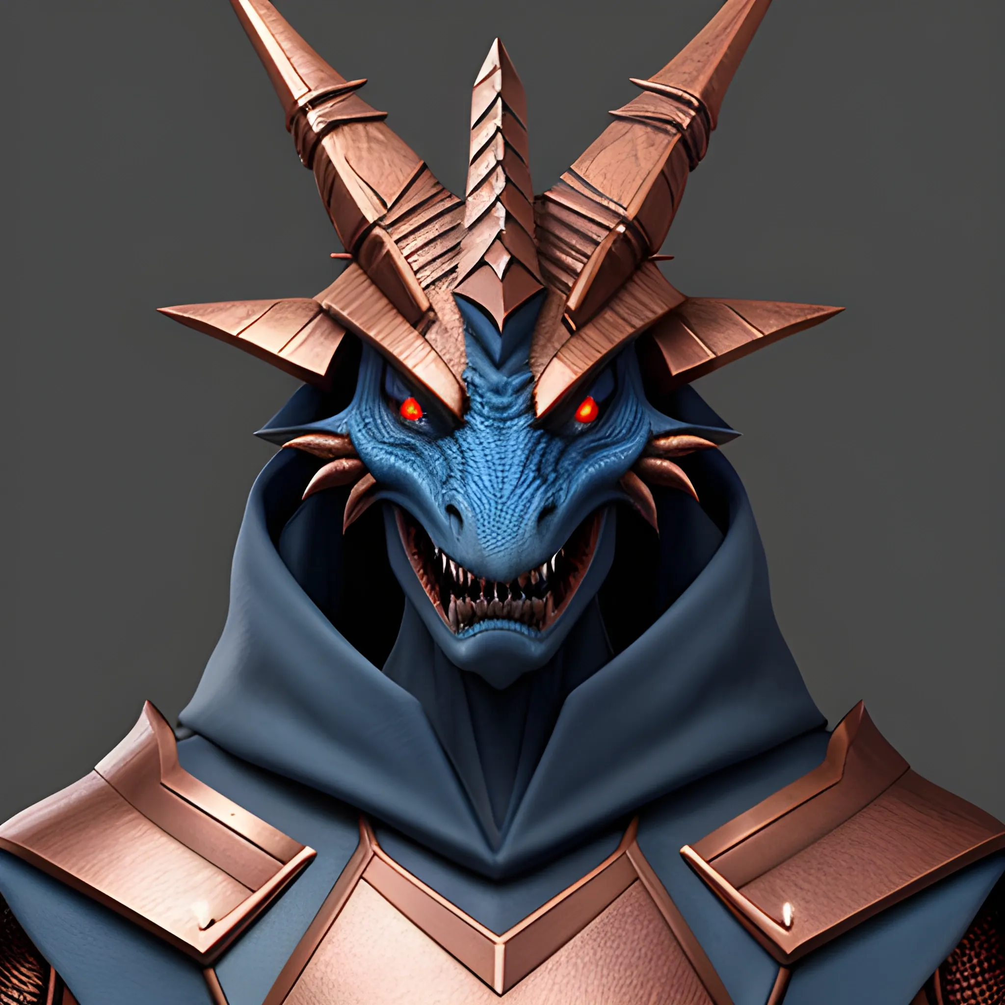 Small dragon humanoid, long snout with sharp teeth and copper scales looking at the camera. He is wearing a blue cloak with stars on it. Fantasy