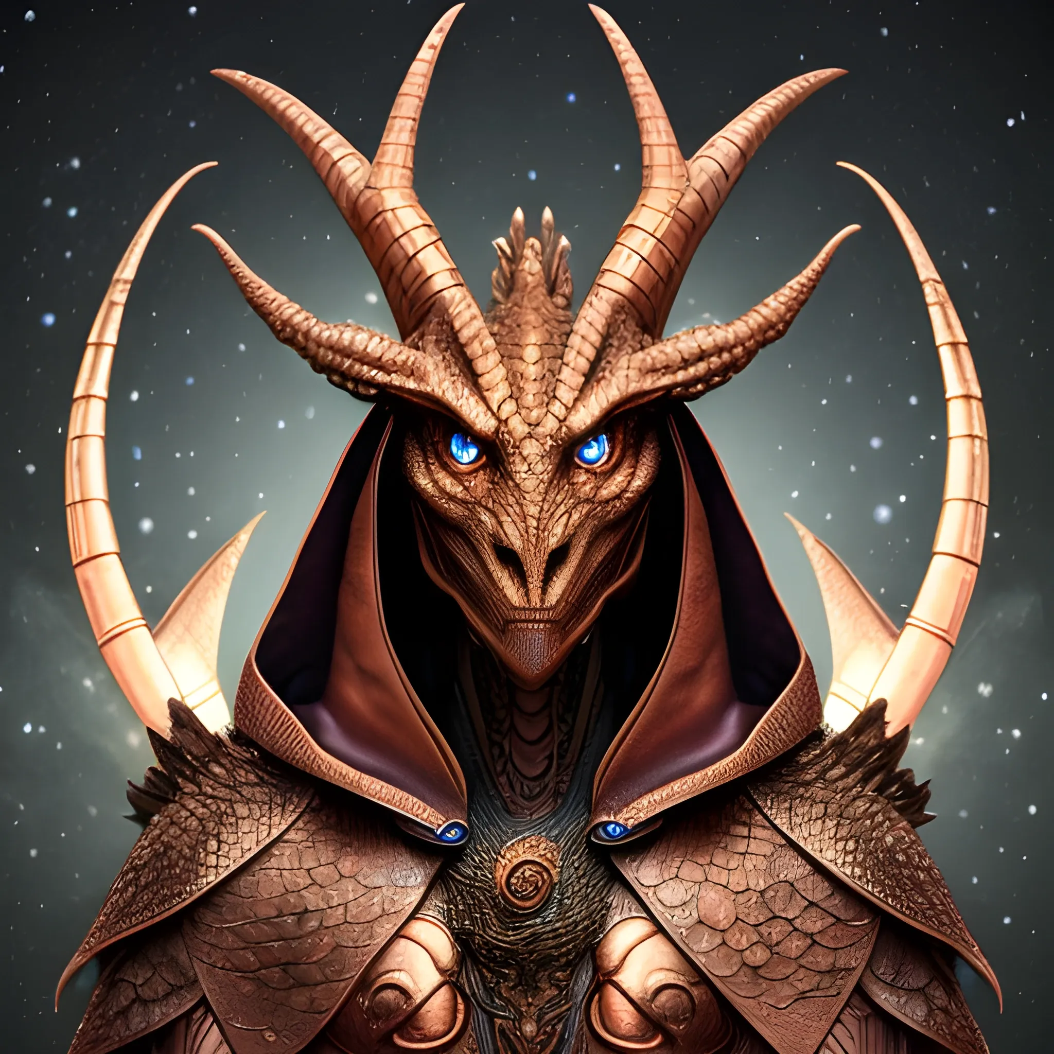 Humanoid dragon looking at the camera. He has copper scales and is wearing a cloak that has stars on it. Fantasy