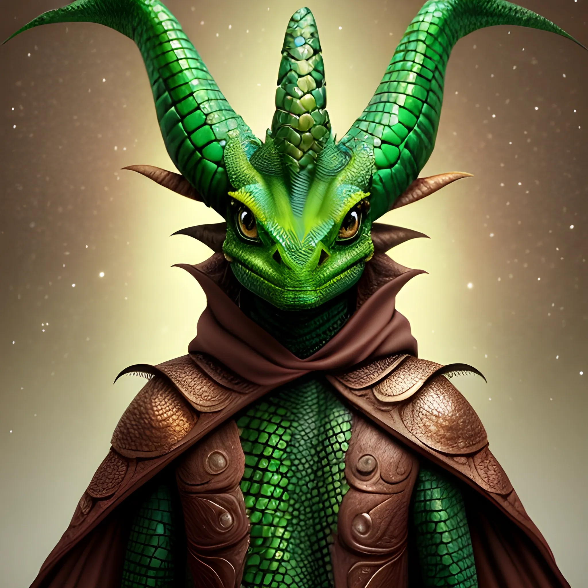 Humanoid dragon looking at the camera. He has copper scales and green eyes. He is wearing a simple cloak that has stars on it. He does not have horns, and has a more lizard like face. Fantasy