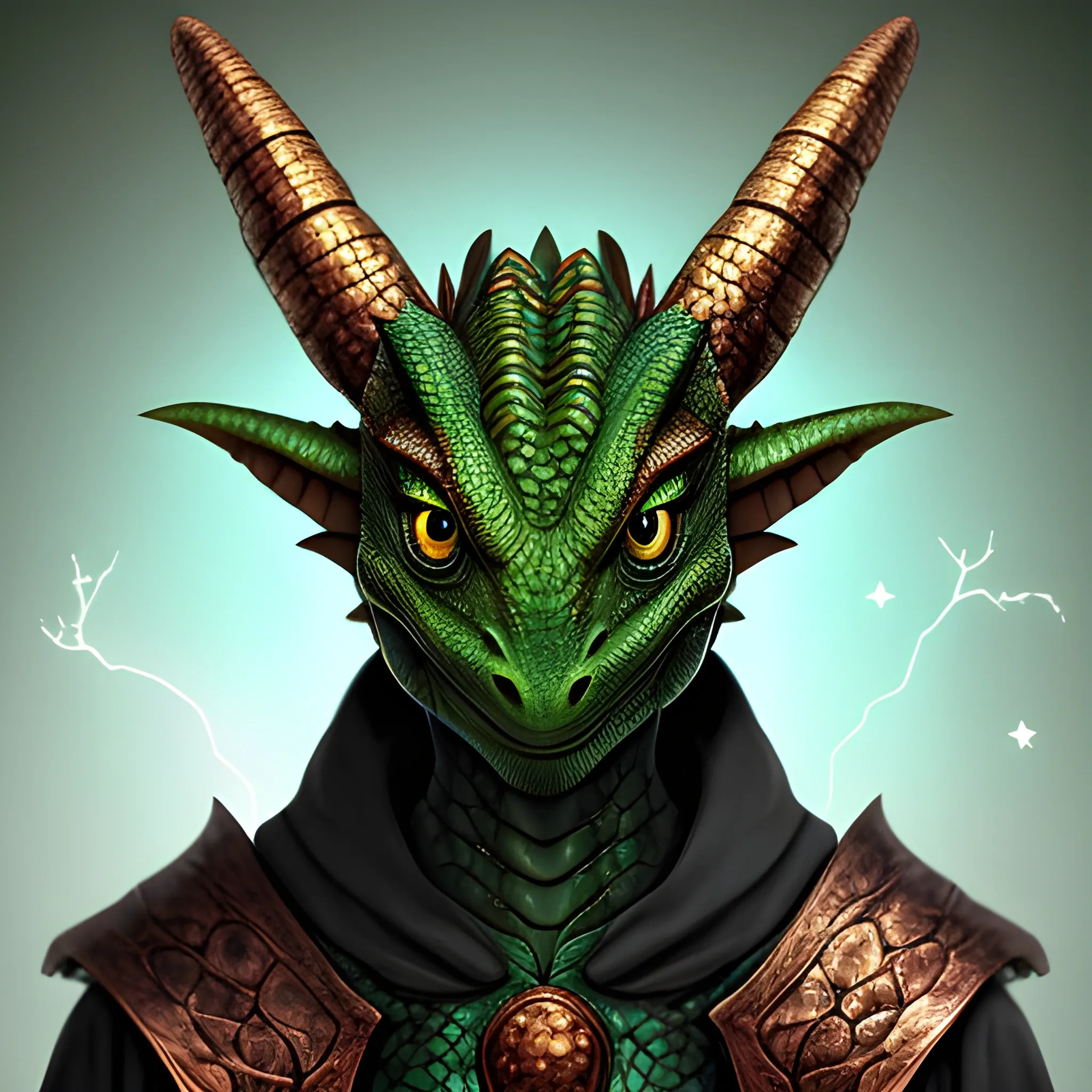 Humanoid dragon looking at the camera. He is copperd colored with green eyes. He is wearing a simple cloak that has stars on it. He does not have horns, and has a more lizard like face. Fantasy