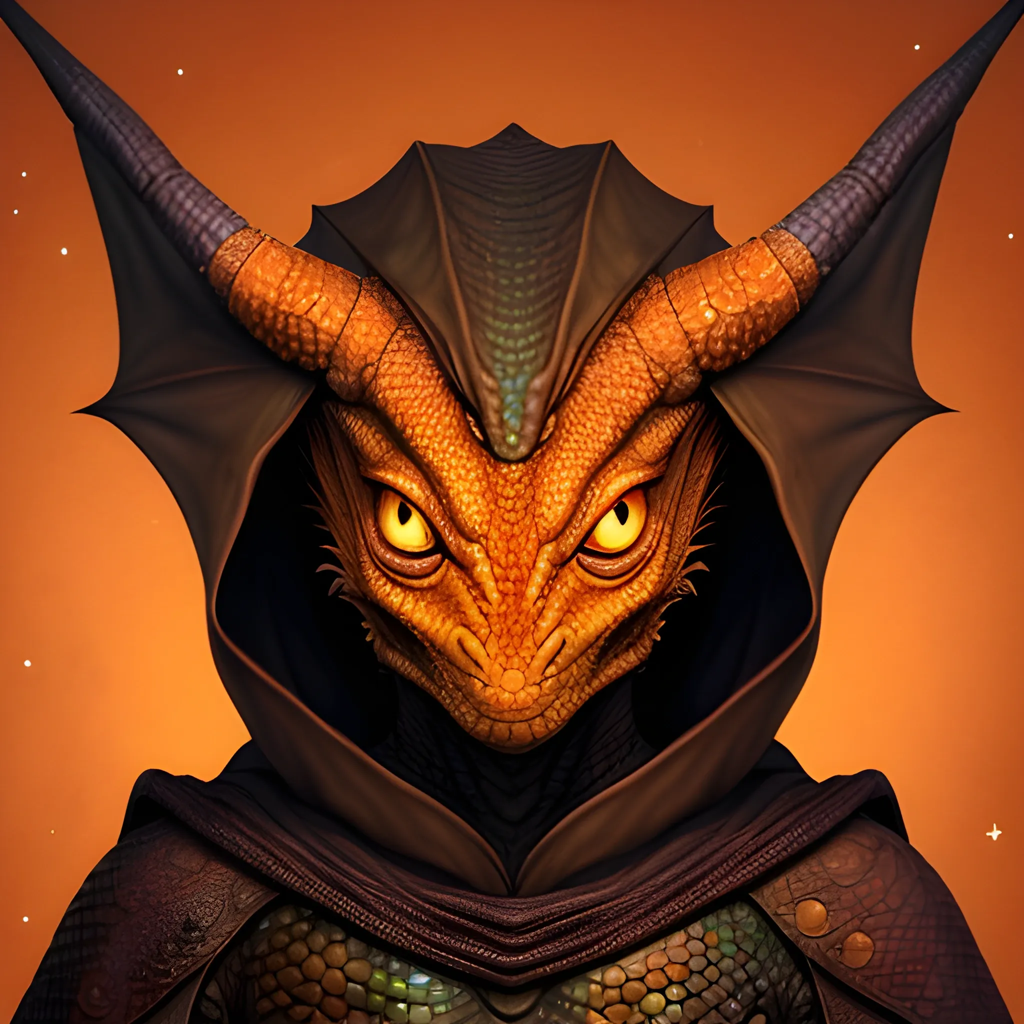 Humanoid dragon looking at the camera. He is orange-brown. He is wearing a simple cloak that has stars on it. He does not have horns, and has a more lizard like face. Fantasy