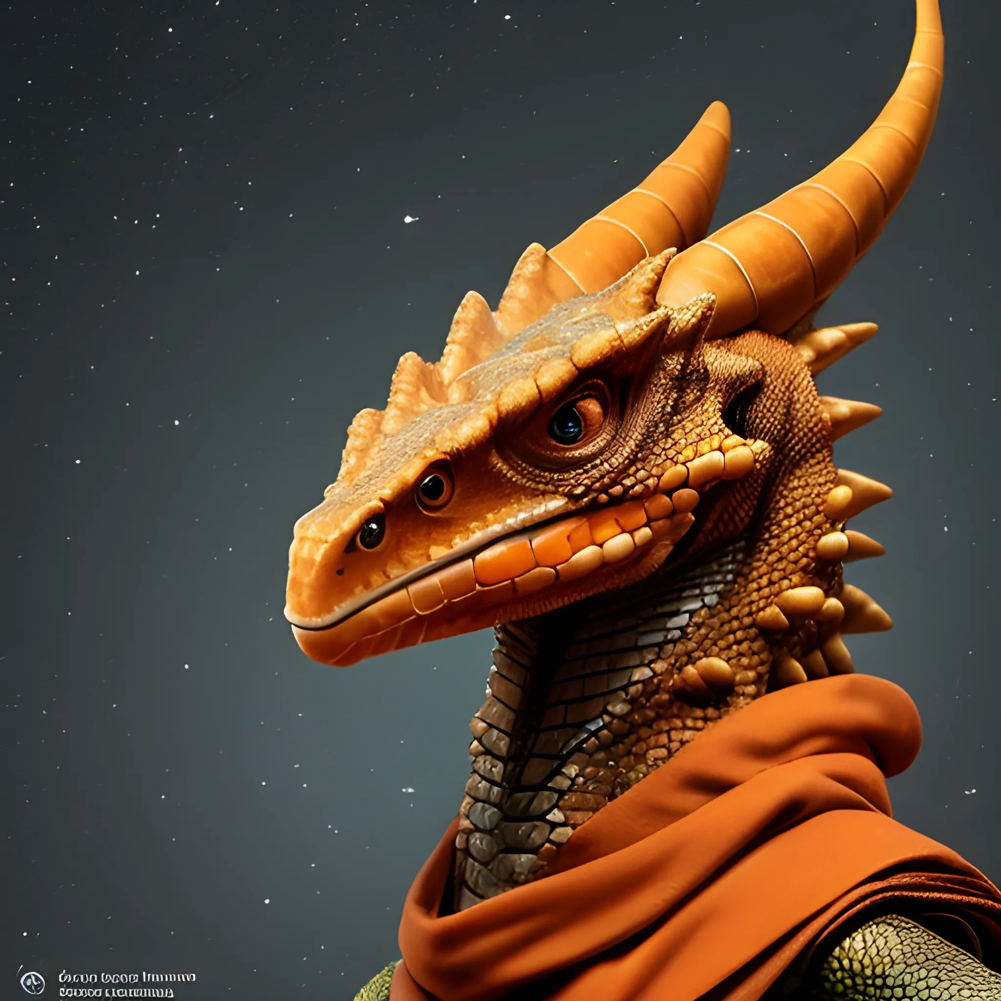 Humanoid dragon looking at the camera. He is orange-brown with a large beak. He is wearing a simple cloak that has stars on it. He does not have horns, and has a more lizard like face. Fantasy