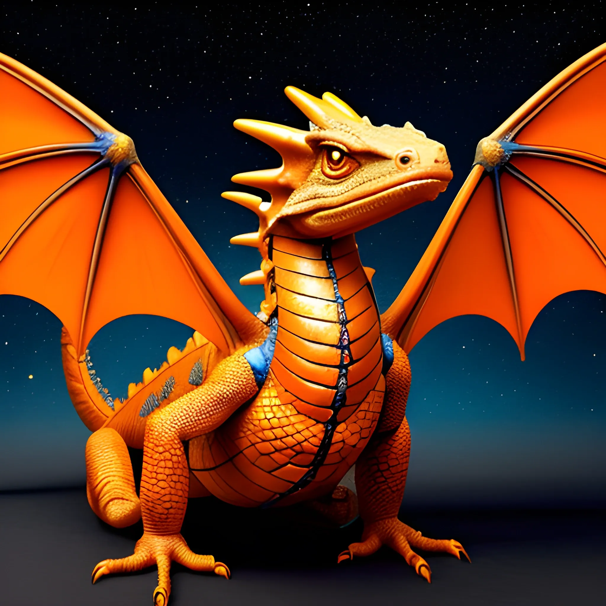 Humanoid dragon looking at the camera. He is orange-brown with a large beak. He is wearing a simple blue cloak that has stars on it. He does not have horns, and has a more lizard like face. Fantasy