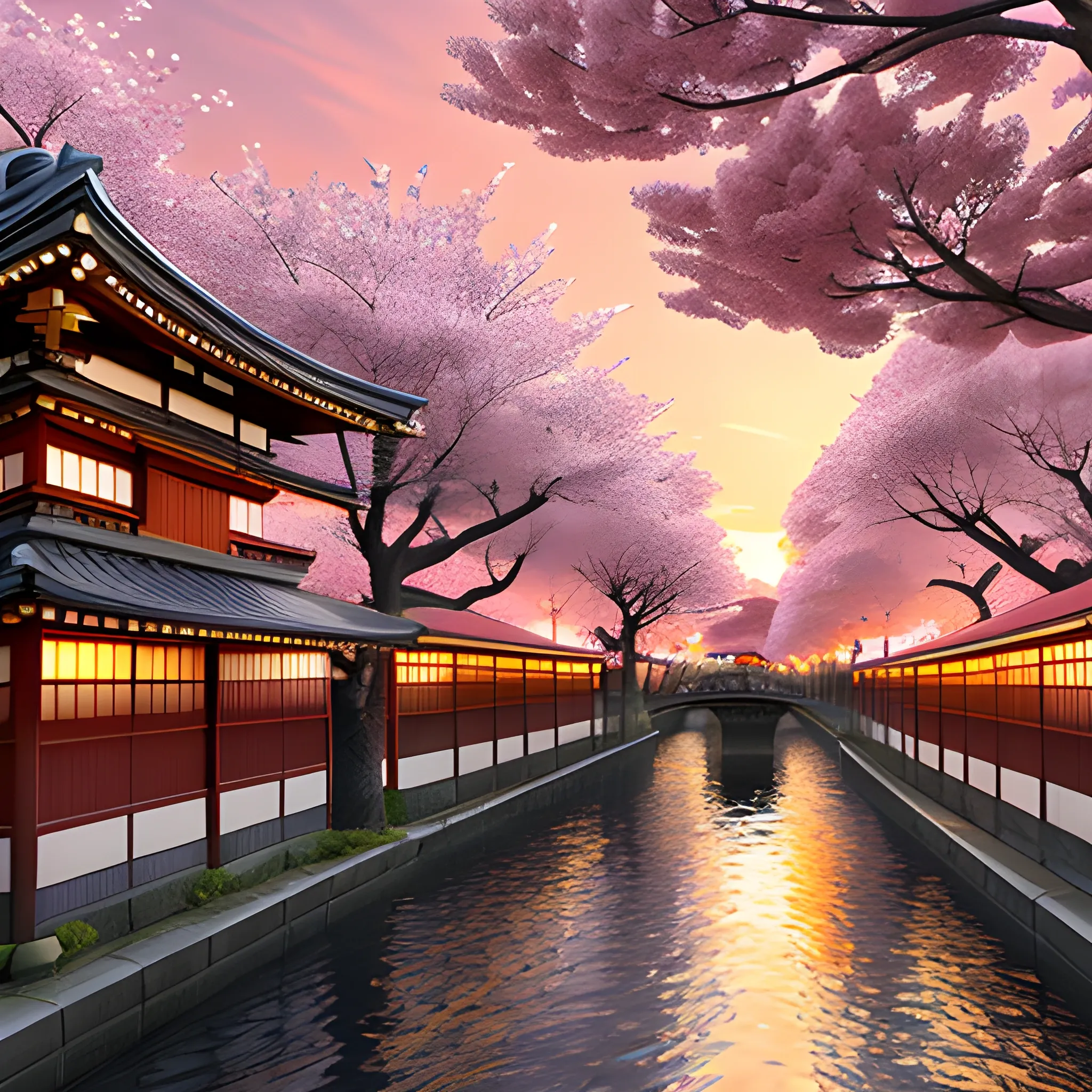 japanese edo city during a sunset time, sakura trees , 3D