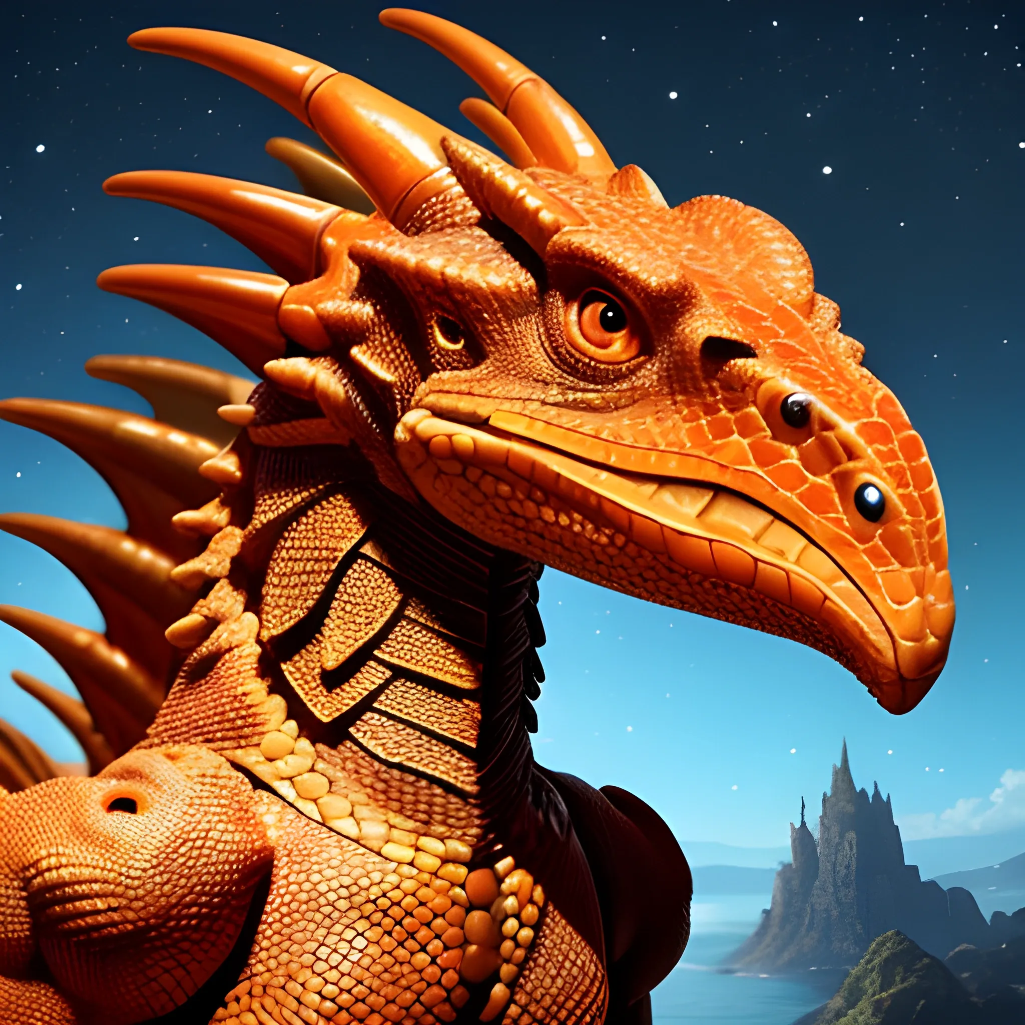 Humanoid dragon looking at the camera. He is orange-brown with a large beak. He is wearing a simple blue cloak that has stars on it. He does not have horns, and has a more lizard like face. Fantasy