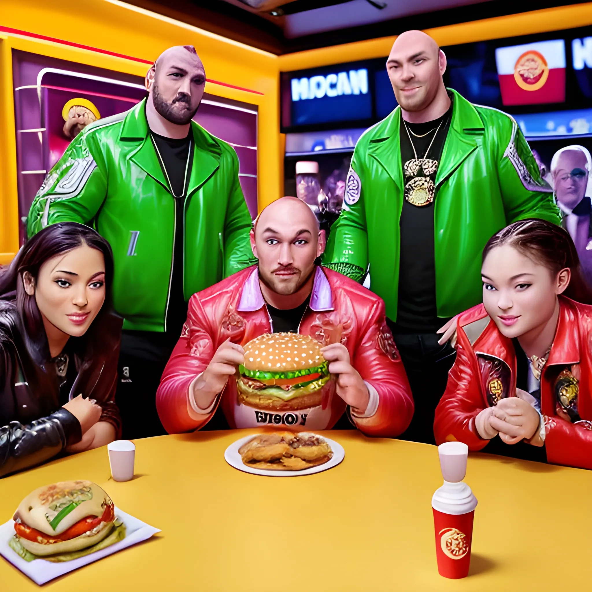 The photo shows 4 celebrities: elon musk, boxer tyson fury, rapper snoop dogg, shiba inu dog. They are wearing green leather jackets with crypto patterns. They are in a McDonald's and background flying soap bubbles, bubbles made of bitcoin and other cryptocurrencies. There are burgers and fries on the table. They look at the camera with clear eyes and smile.