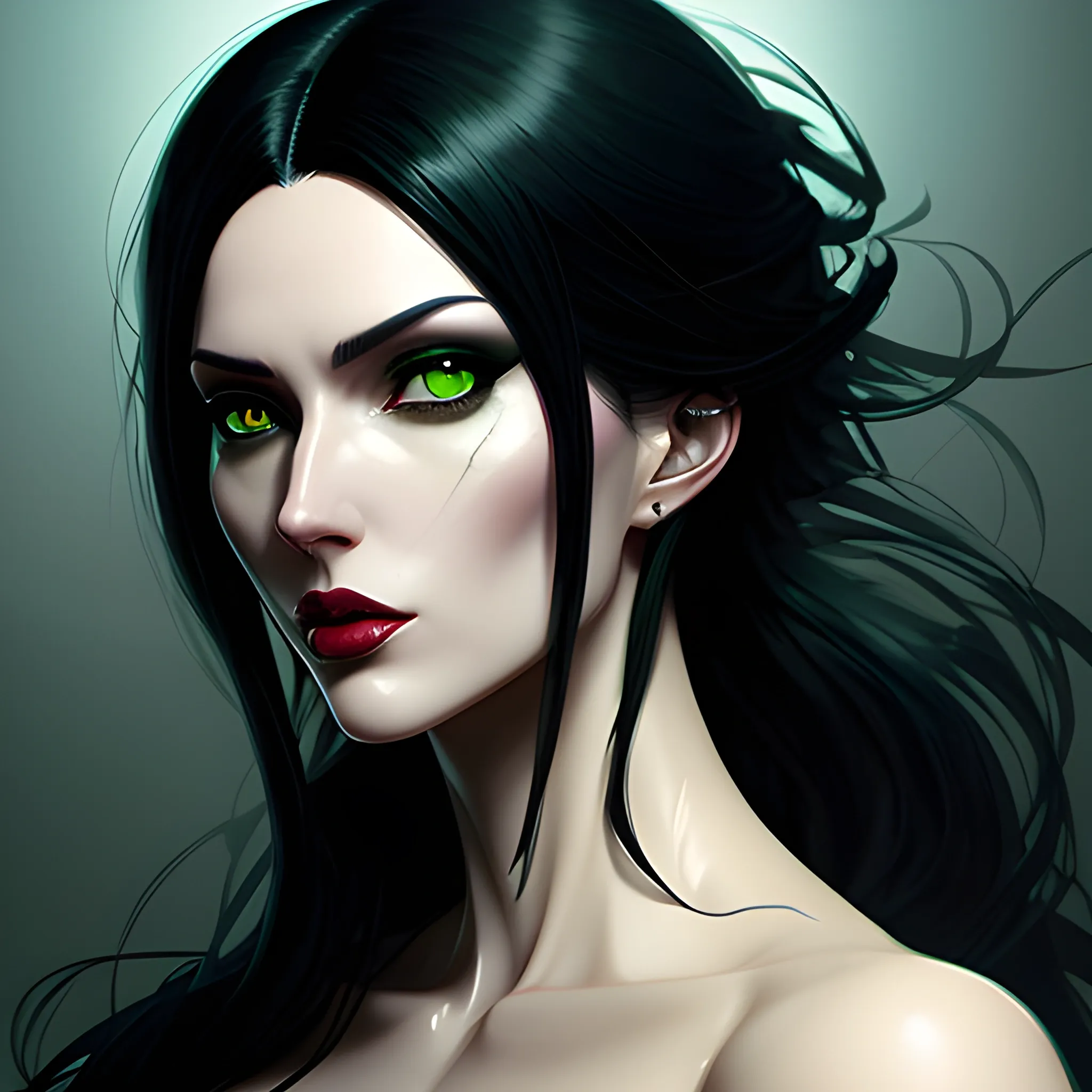 silenced girl, longhaired, lip augmentation, manga green eyes, black hair, art nuovo elements, mystery art by Grag Rutkowski