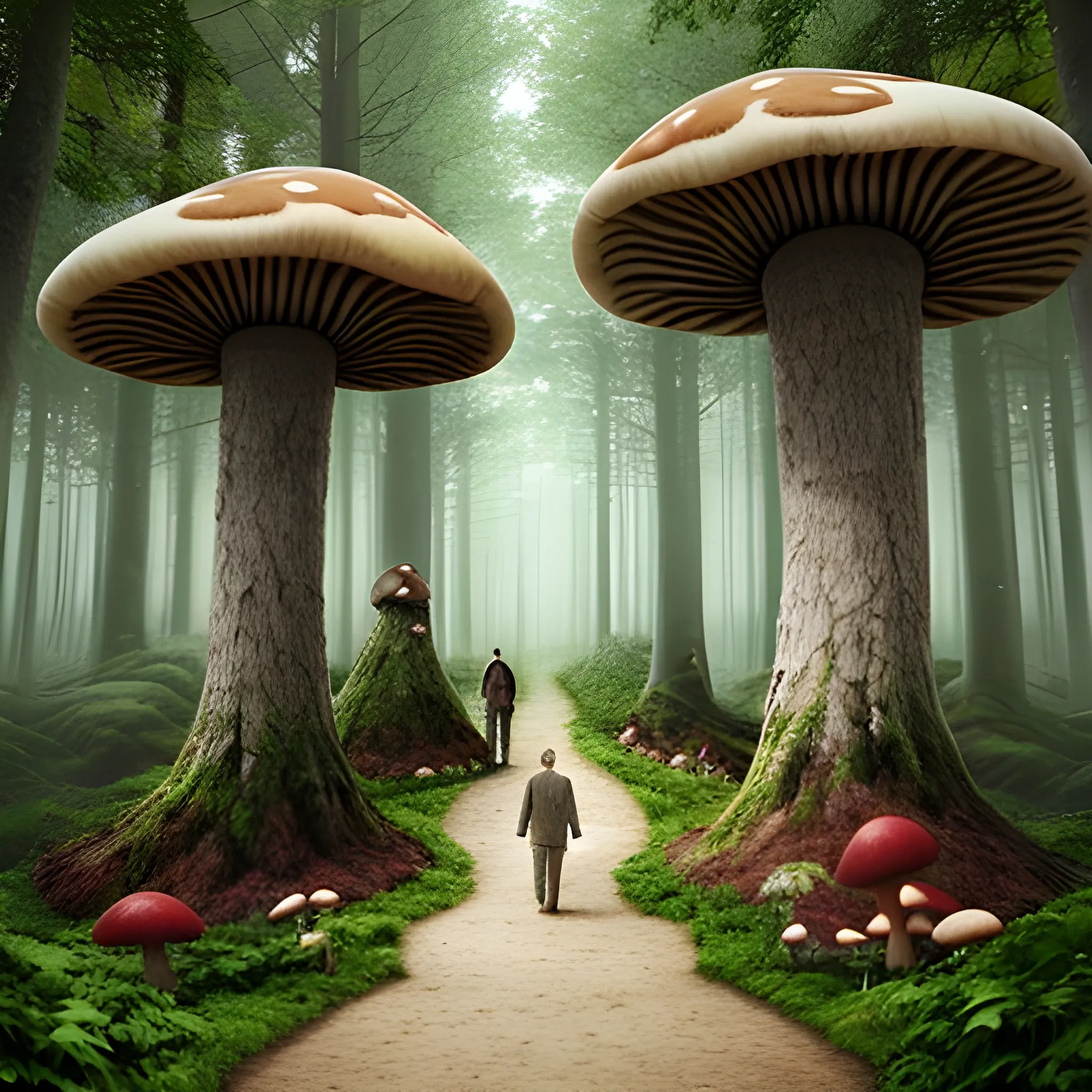 giant mushroom realistic forest with people walking on it, people are surprised