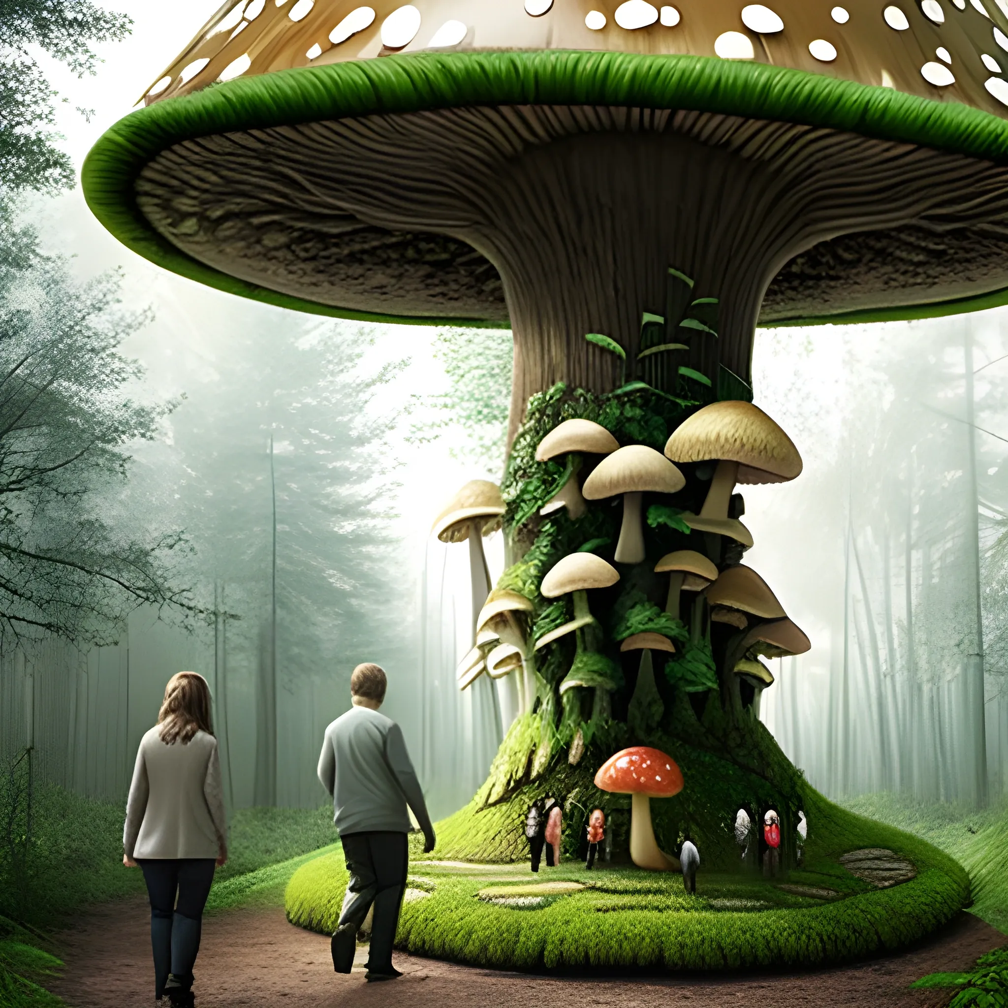 giant mushroom realistic forest with people walking on it, people are surprised