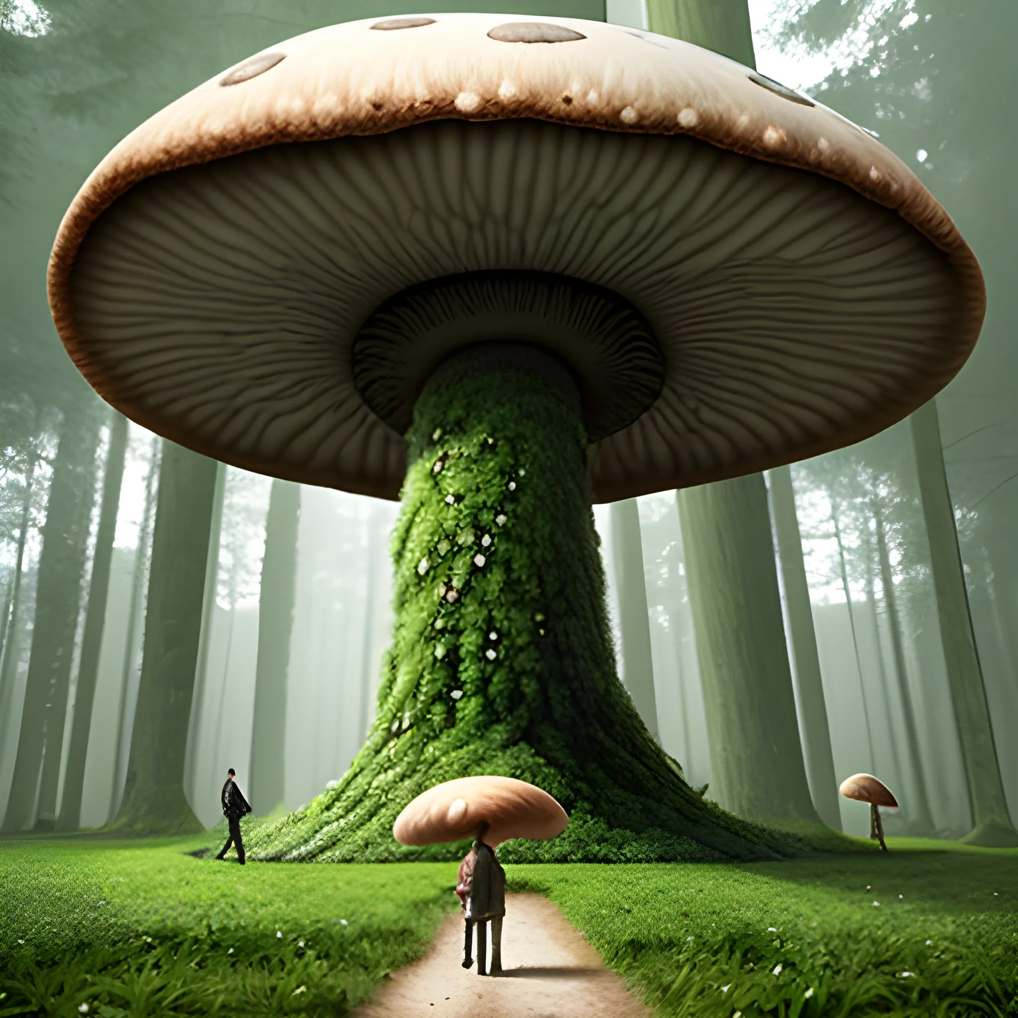 giant mushroom realistic forest with people walking on it, people are shocked and curious