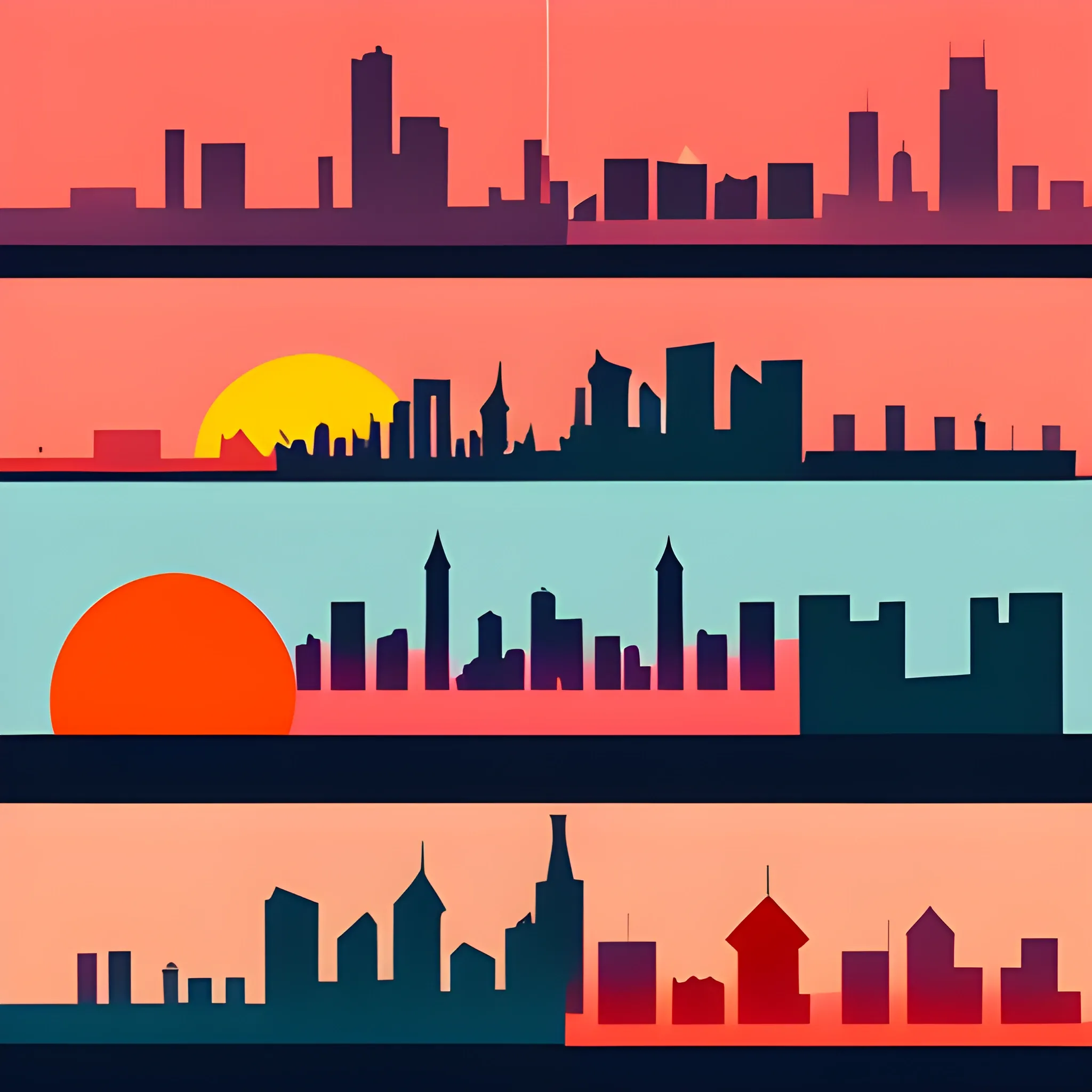 Combination of color composition, geometric shapes, cities, sunsets, simple shapes