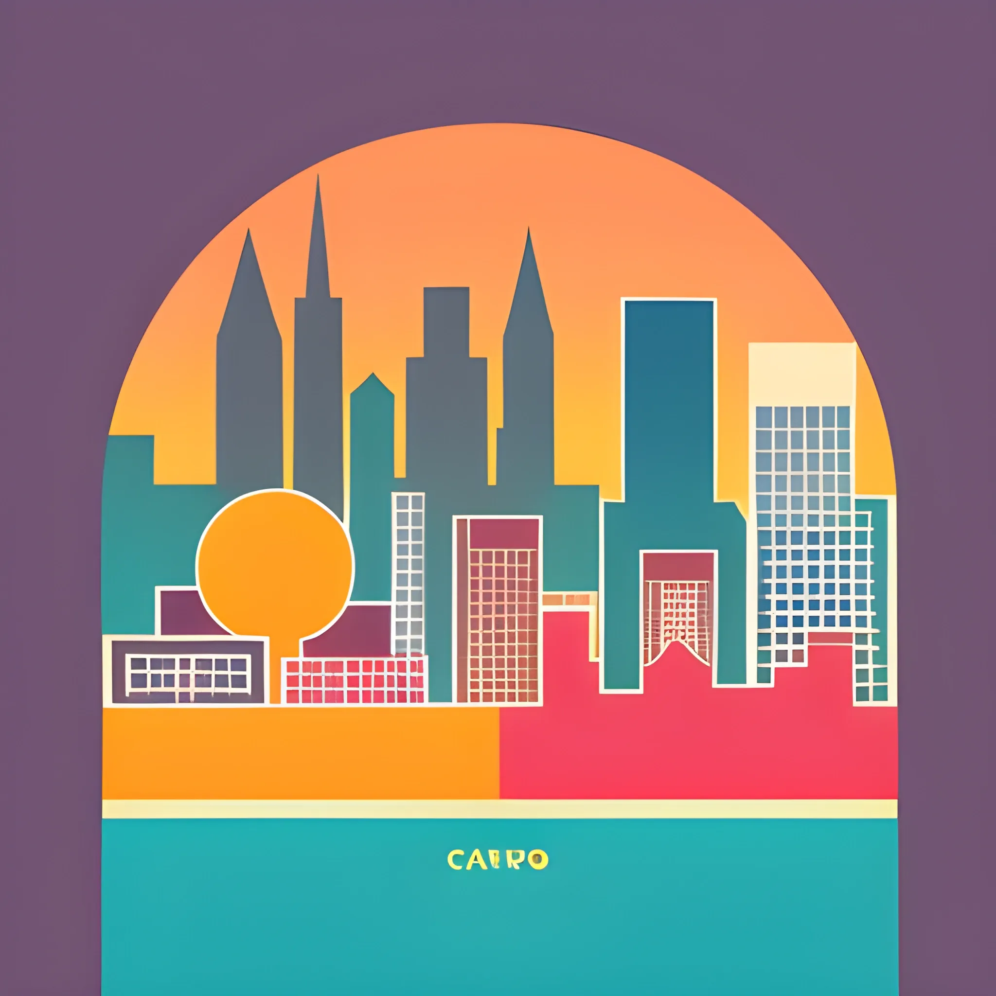 Color composition, geometric shapes, a city, sunset, combination of simple shapes, 1080*1920, flat style