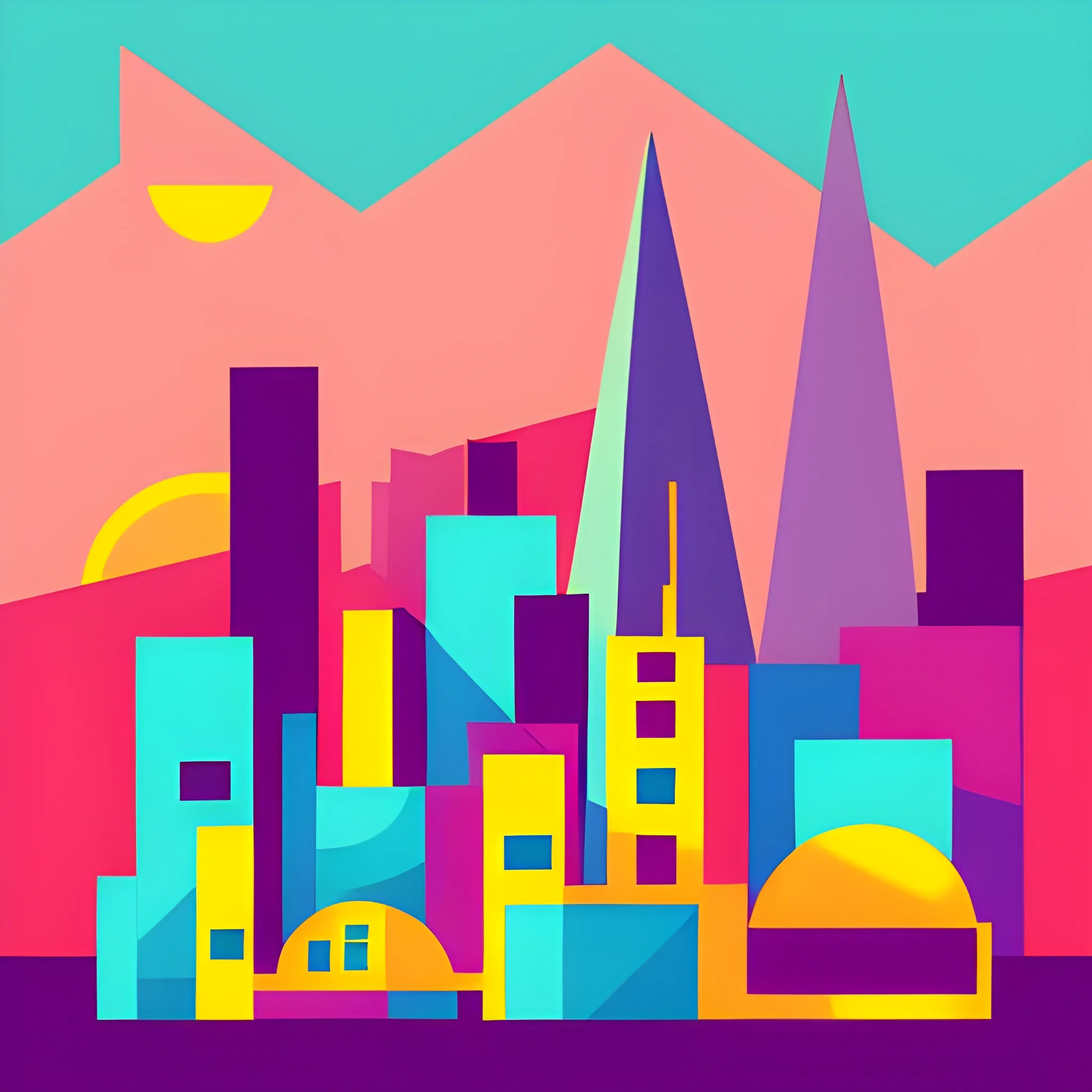 Color composition, geometric shapes, a city, sunset, combination of simple shapes, 1080*1920, flat style, Cartoon