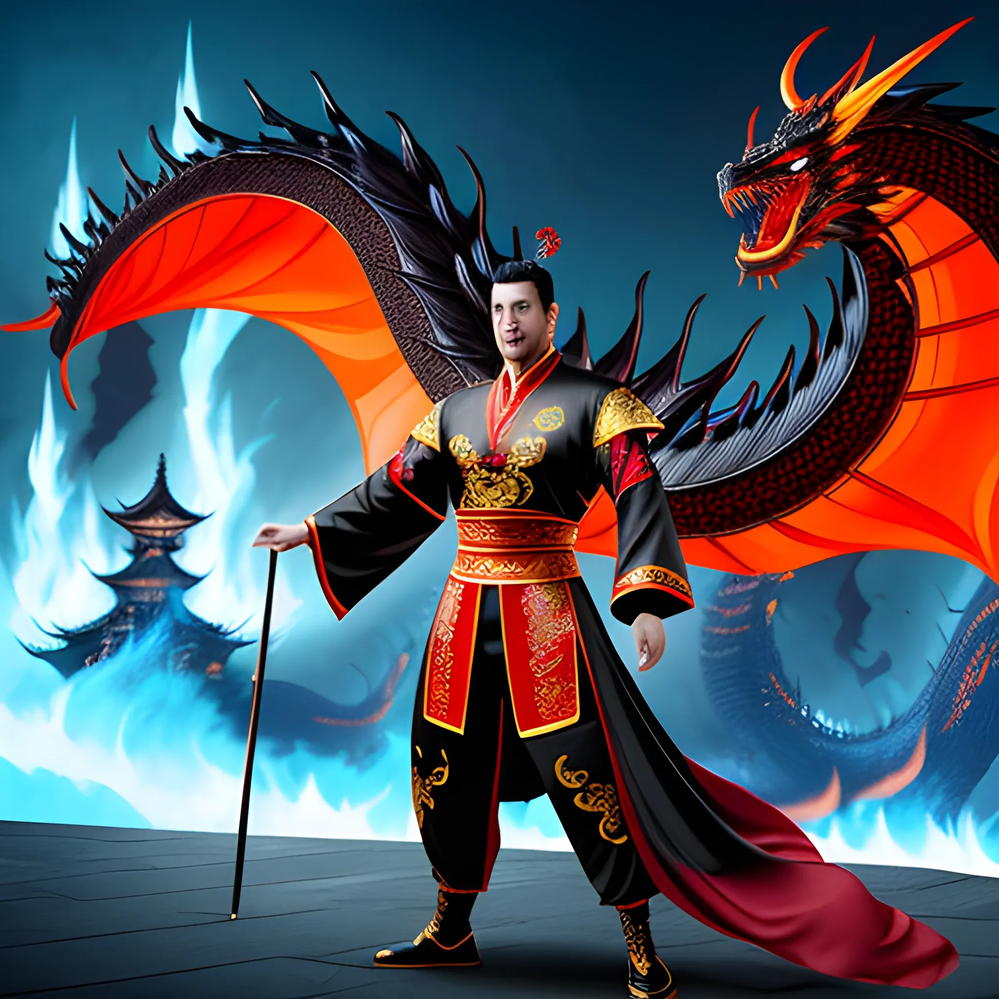 A young man in Chinese costume, in a dream, a black dragon is behind him, and behind them is a blazing fire