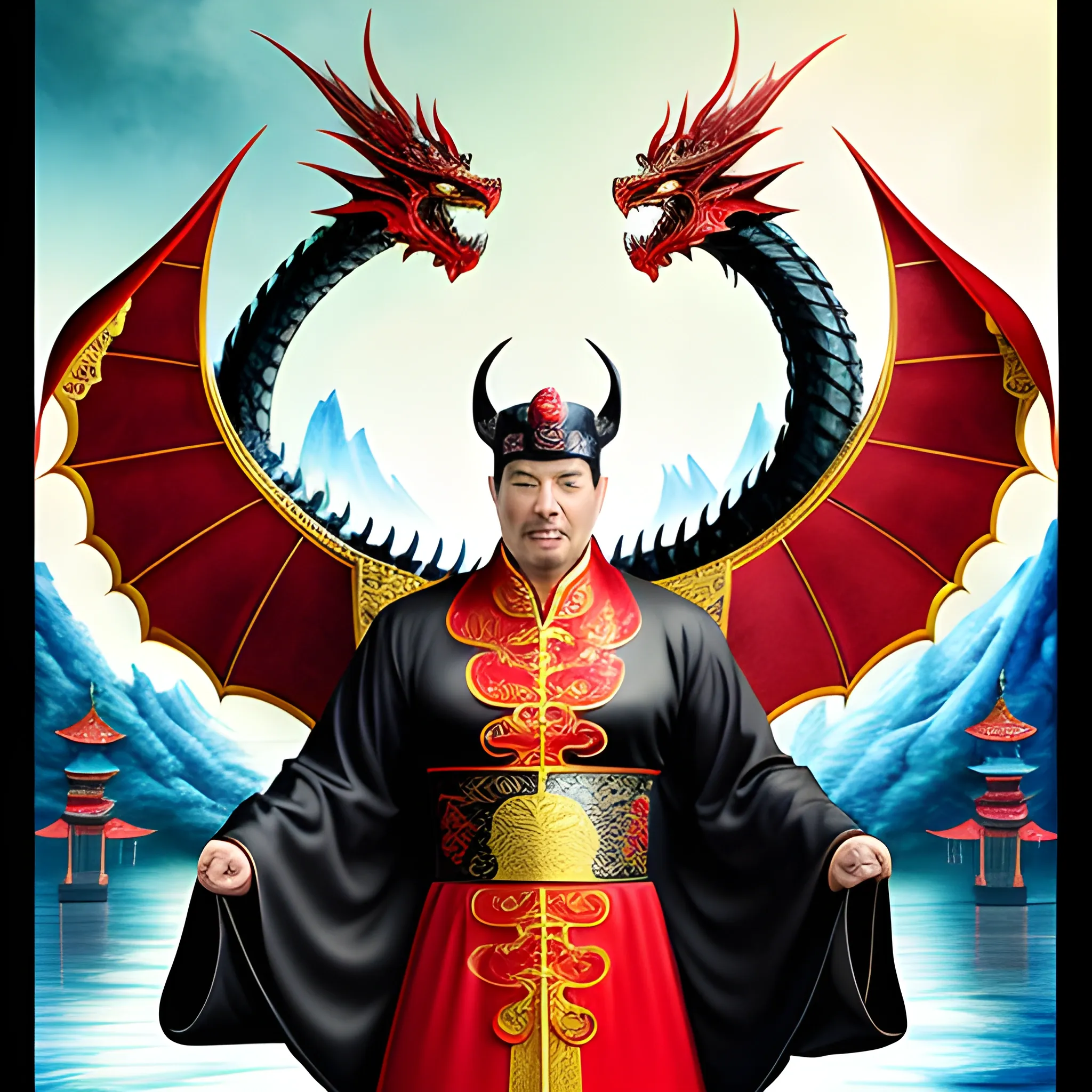 A young man in Chinese costume, in a dream, a black dragon is behind him, and behind them is a blazing fire, Water Color