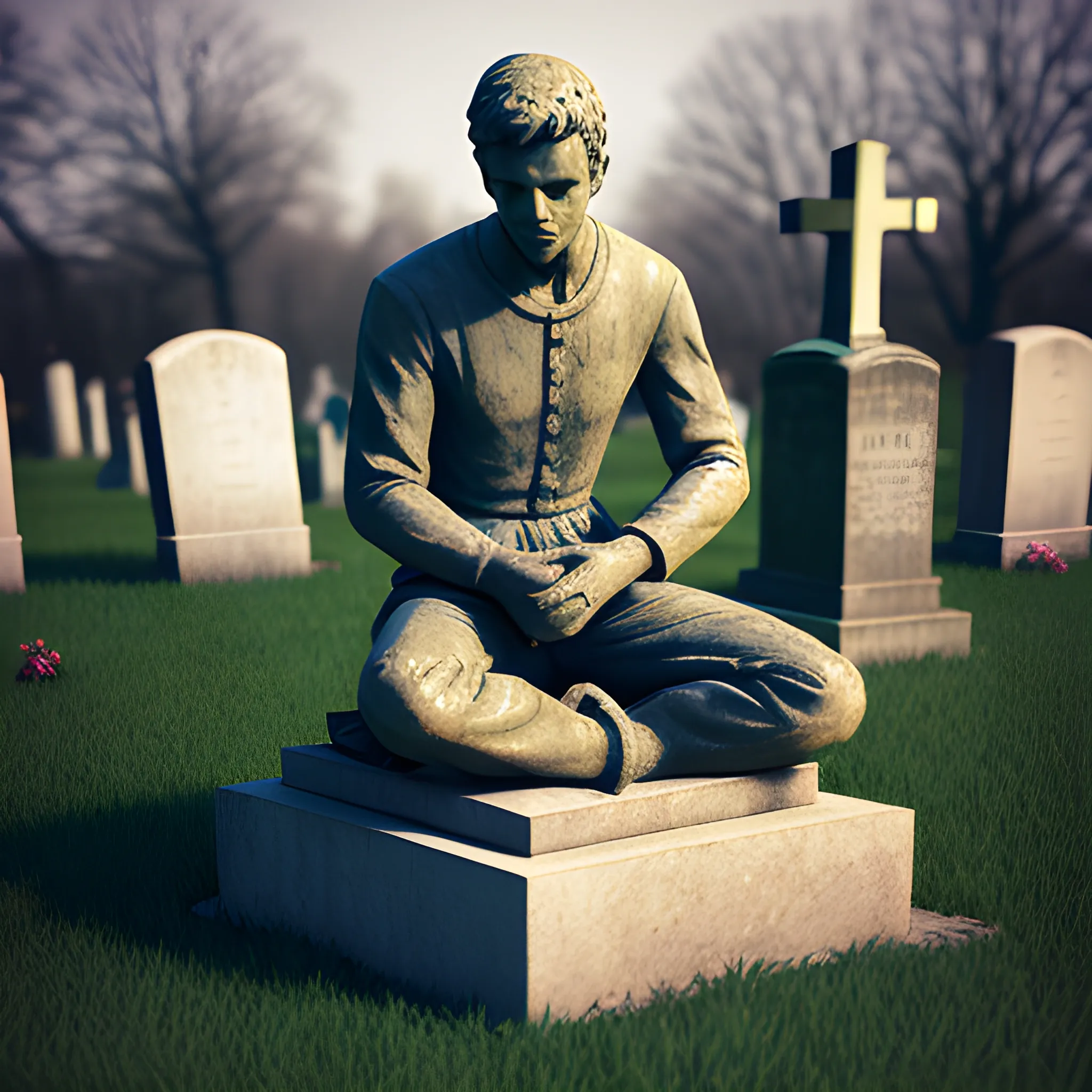 
sitting man statue fighting in a graveyard, 3D, cemetery, grass, graces, 3D