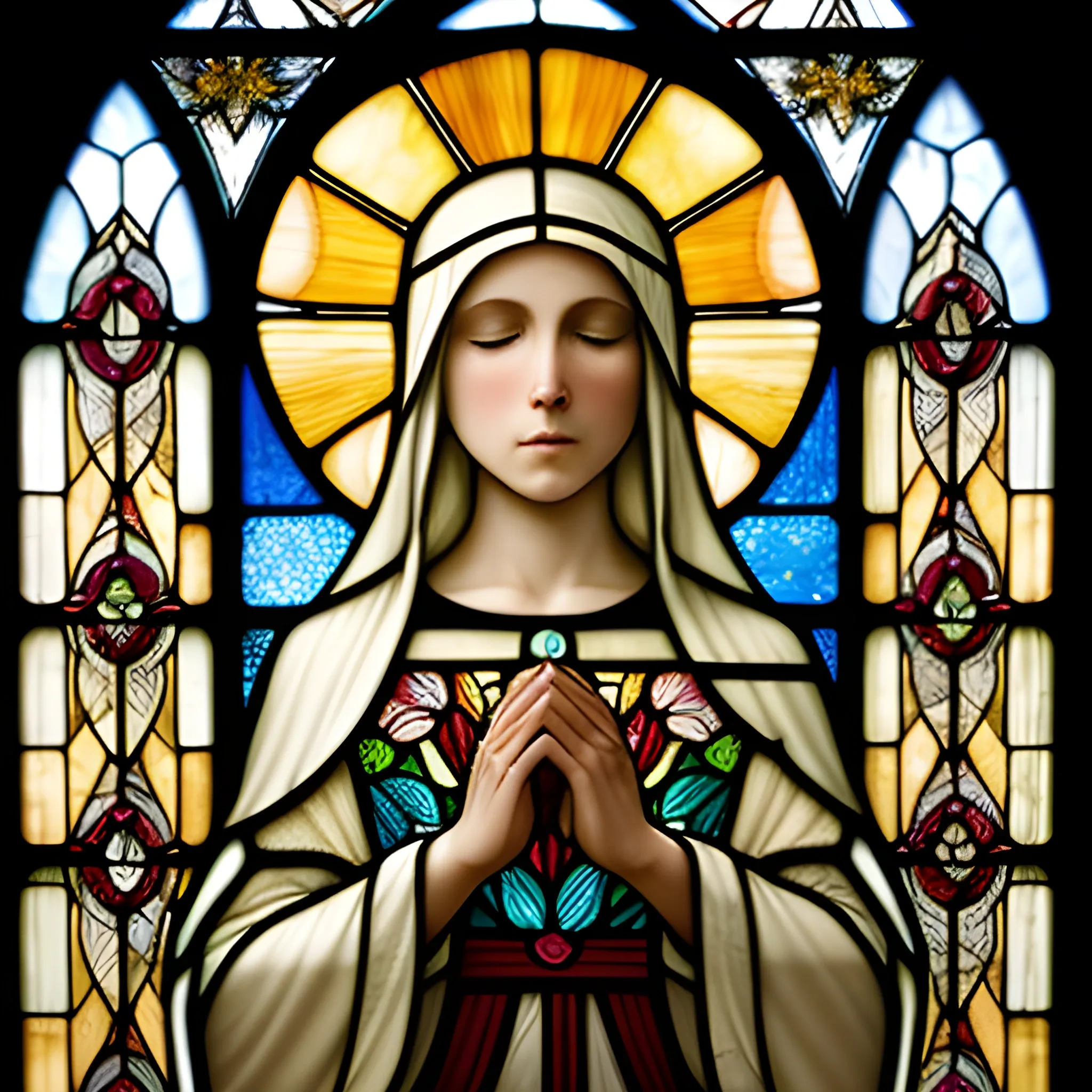 The image portrays a solemn and serene nun in prayer, captured in the timeless beauty of a stained glass artwork. She stands at the center, her eyes gently closed and hands devoutly clasped, embodying a deep spiritual reverence. Her traditional habit flows gracefully, detailed with folds and shadows that add to the realism of the portrayal. Behind her, a halo of golden light radiates, symbolizing her holy devotion.

Above and around her, angels descend gently from the heavens, their wings outstretched and adorned with an array of soft, pastel colors that give a sense of their ethereal and divine nature. Each angel carries an aura of peace and benevolence, contributing to the sanctity of the scene. The background features a lush landscape with hints of a sunrise or sunset on the horizon, suggesting the promise of hope and renewal. The stained glass divides light and color into intricate patterns, with lead lines meticulously defining every detail, from the angels' feathers to the nun's contemplative expression. The bottom of the artwork is adorned with floral motifs, adding an element of earthly beauty to the celestial theme. This stained glass masterpiece evokes a sense of tranquility and divine grace, perfect for inspiring contemplation and reverence.