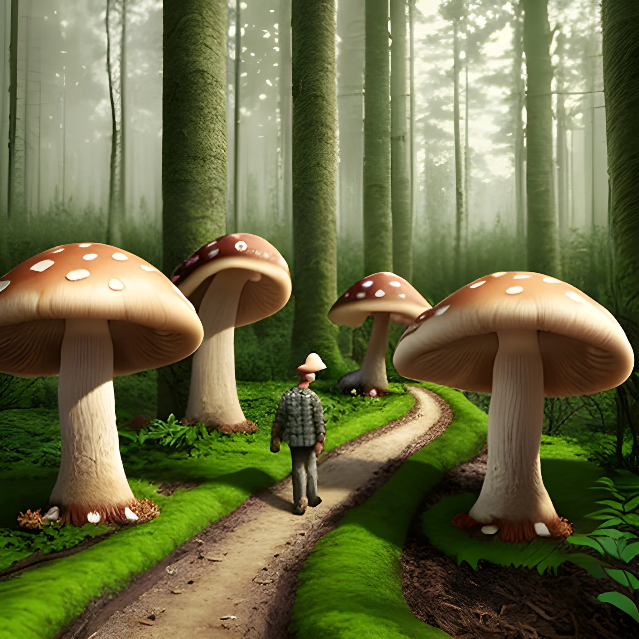 giant mushroom realistic forest with mushrooms walking and picki ...