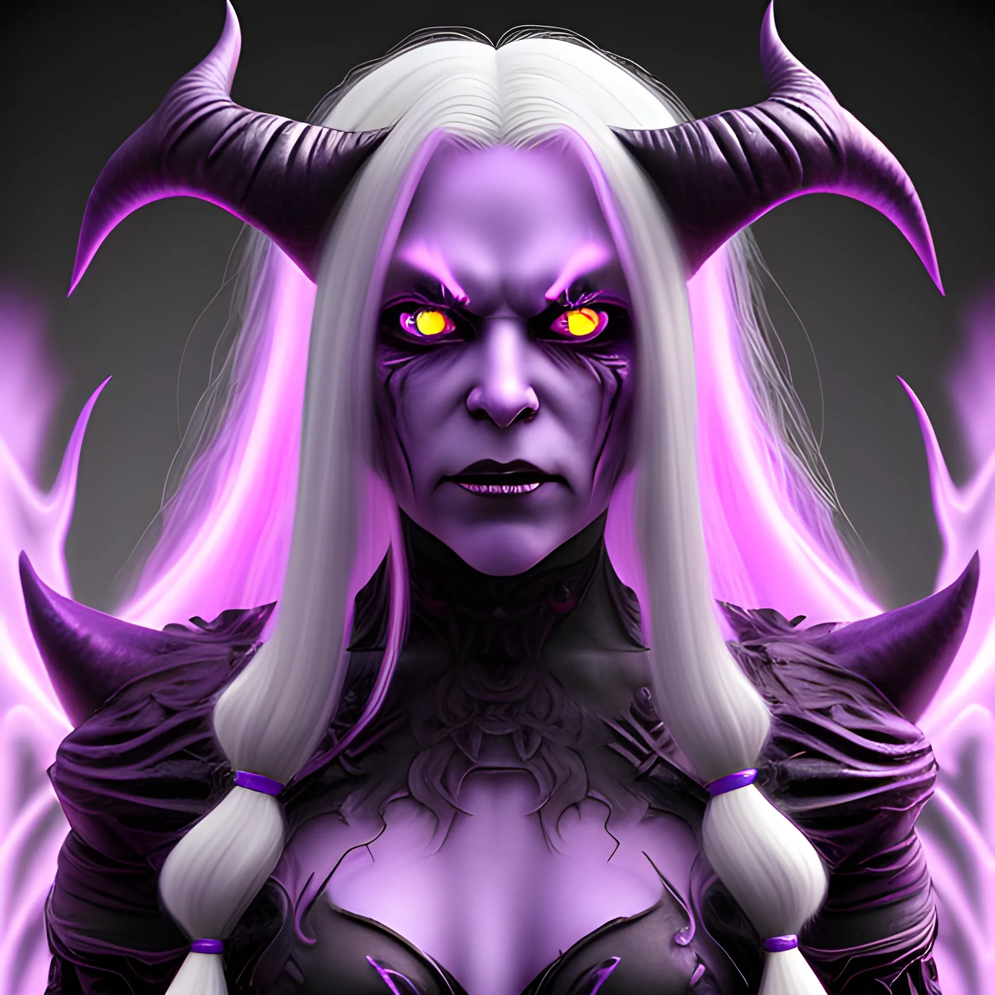 detailed portrait, strong white skinned female demon with glowing eyes and long purple hair, in demon clothes, 3D, 