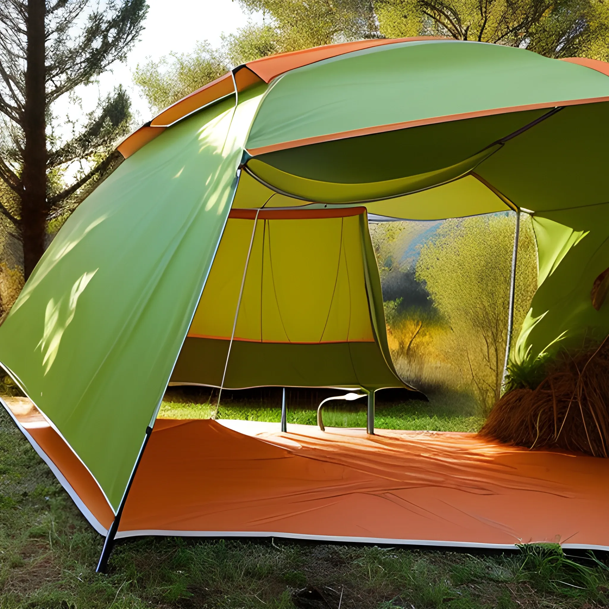 Un prado verde en el amanecer con una carpa naranja en el medio al lado de un pino, hay algo de niebla y se nota que esta fresco. La iluminacion es tenue y se centra sobretodo en la carpa 
