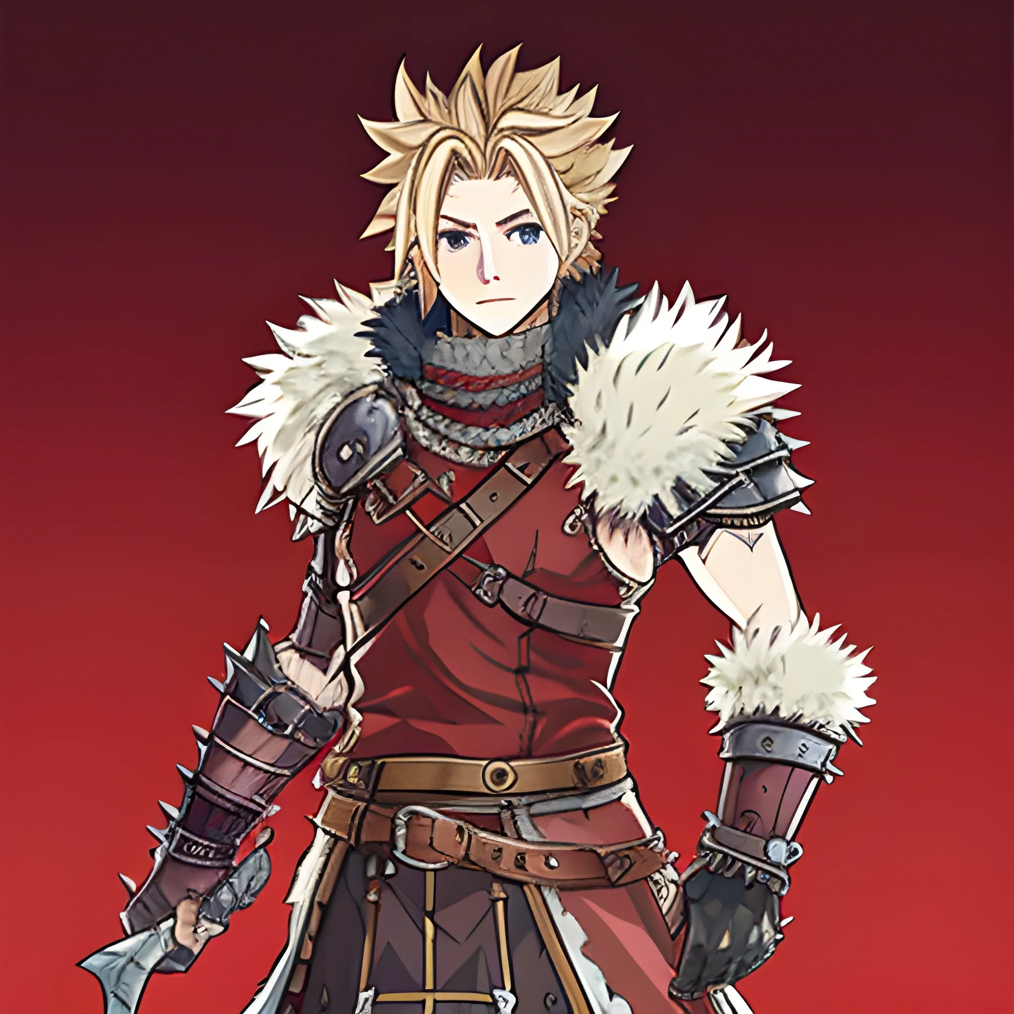 male warrior, spiky blonde hair, red fur armor, Octopath Traveler jrpg art style