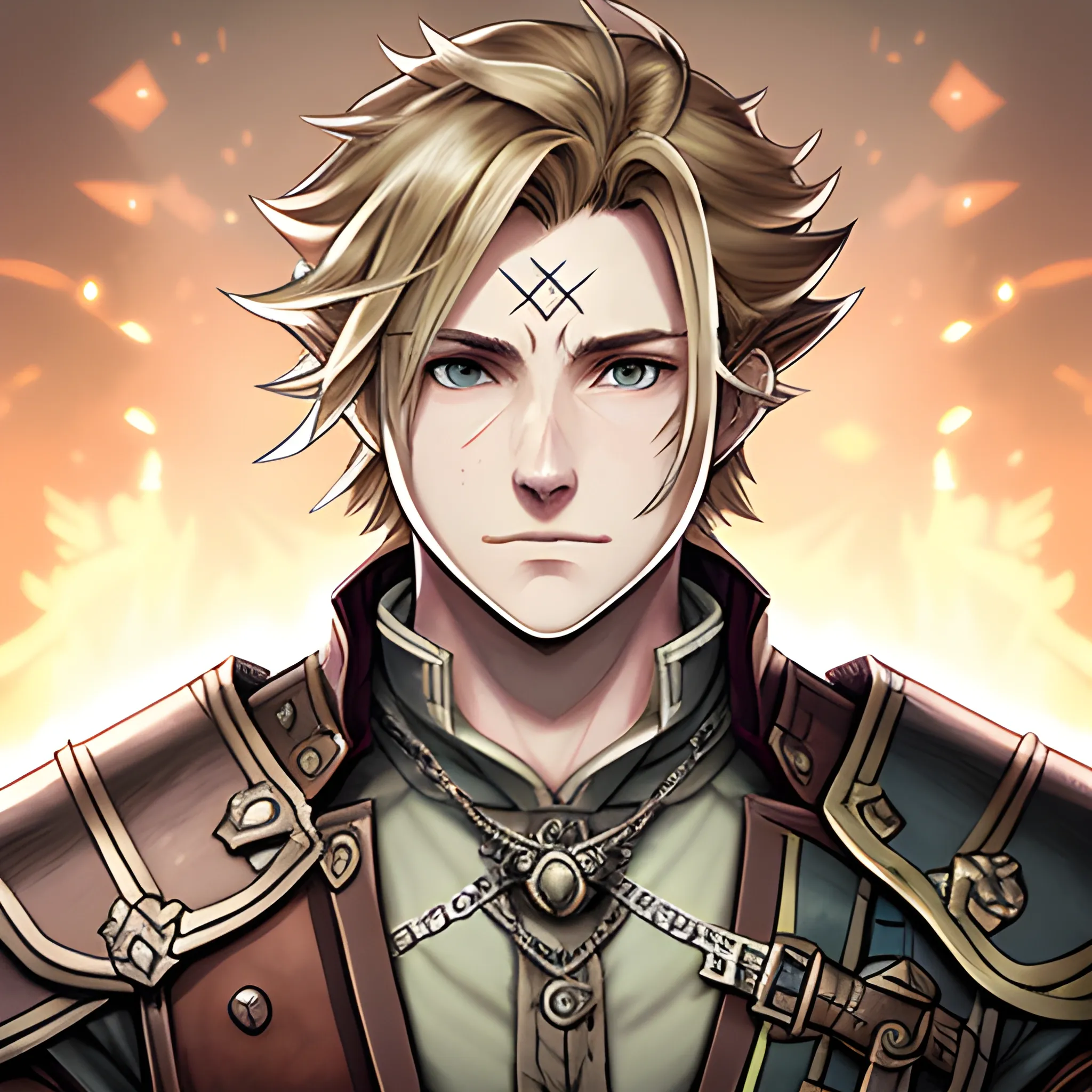 {{{octopath traveler style rpg character art of powerful fantasy male warrior with smug face}}}, highly detailed, {hyperrealistic waist up portrait of 20 year old Cullen Rutherford from Dragon Age with simple background oil colors}, overflowing energy, Cullen Rutherford red furred armor, wearing silver necklace, illustrated, short blonde hair, sharp focus, elegant, volumetric lighting, smooth, in style of octopath traveller videogame, thick black outlines, cartoony, anime, art by Naoki Ikushima
