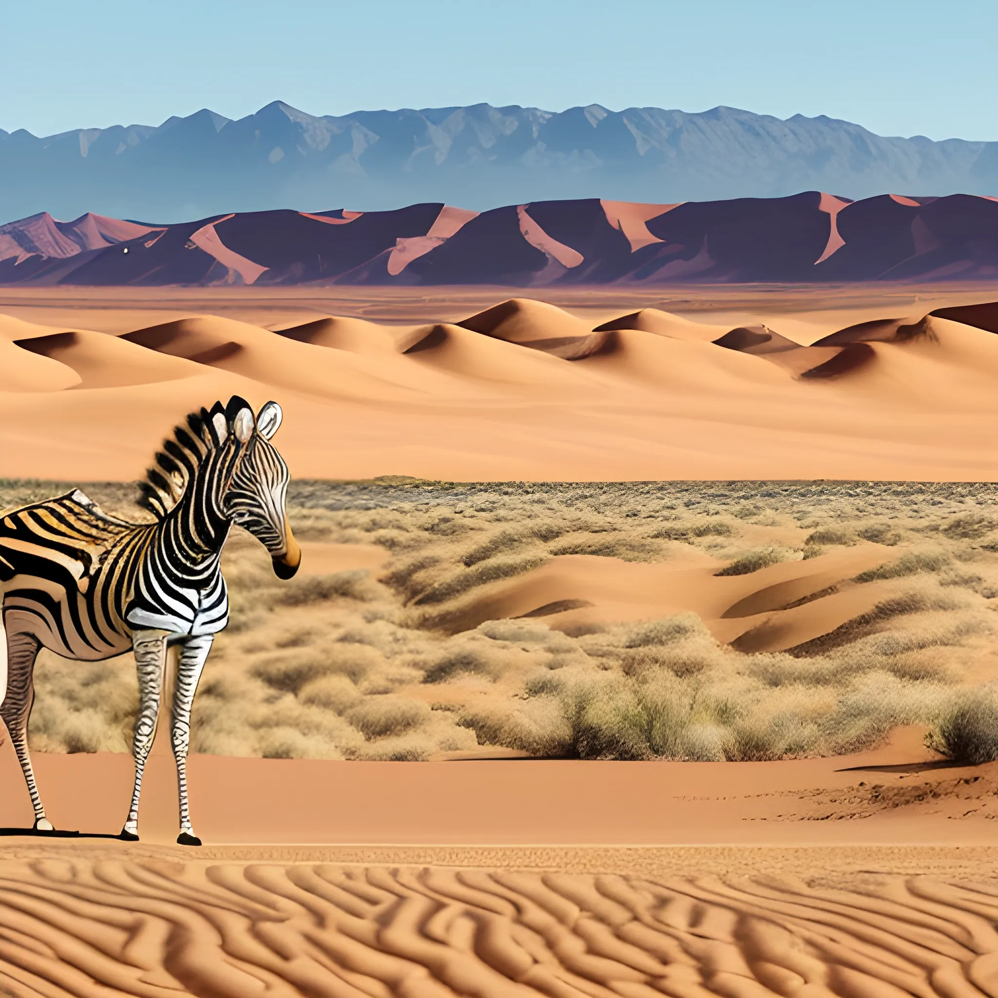 a desert with dunes and a zebra walking in the background
