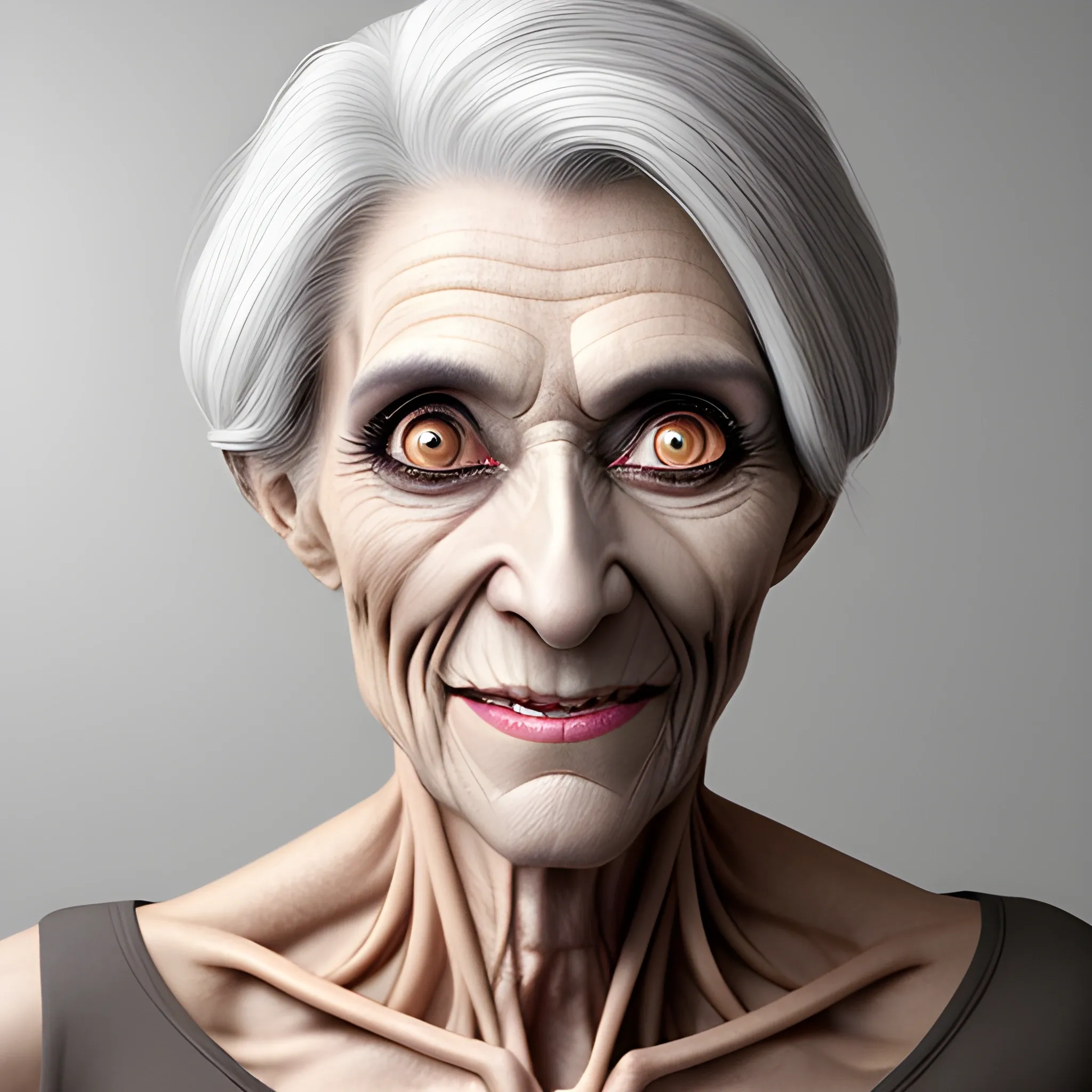 generate Older woman, bent over, eyes with cataracts, so skinny that her rib bones can be seen, little gray hair, crazy face in realistic photo