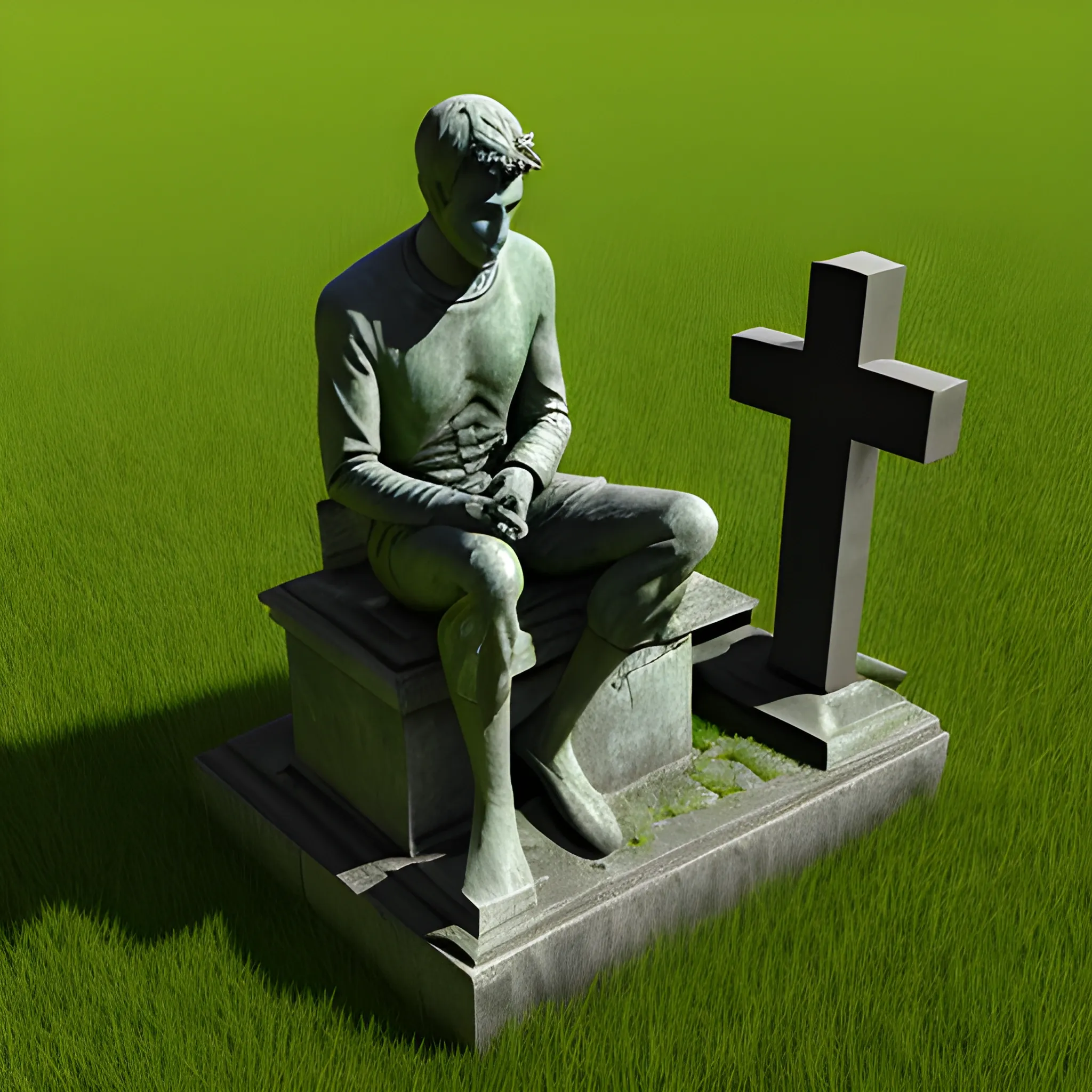 
sitting man statue fighting in a graveyard, 3D, cemetery, grass, graces, 3D