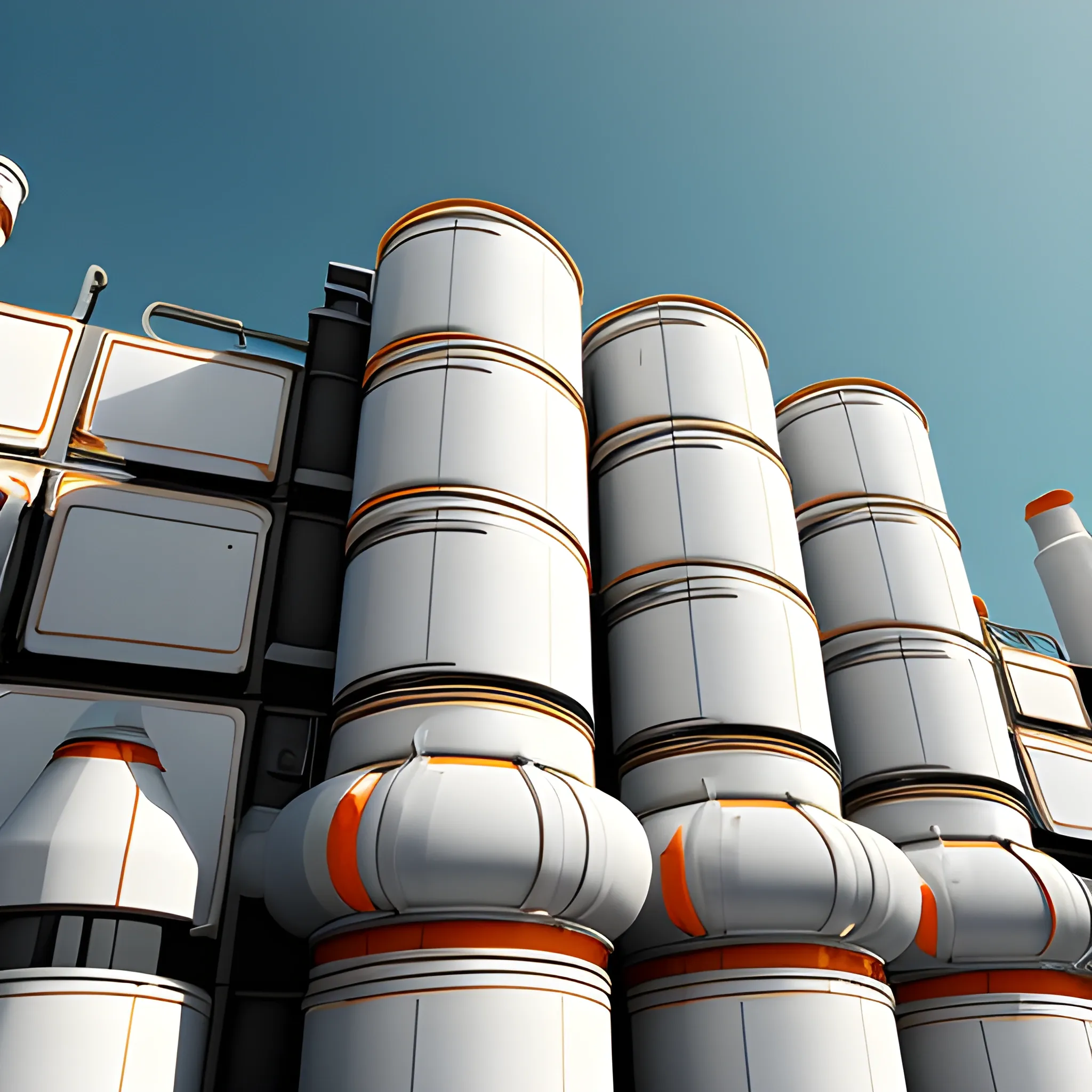 the facade of a sci-fi factory seen from the ground. Main colour is white with orange details. The factory handles toxic waste so there should be lots of pipes visible.
 