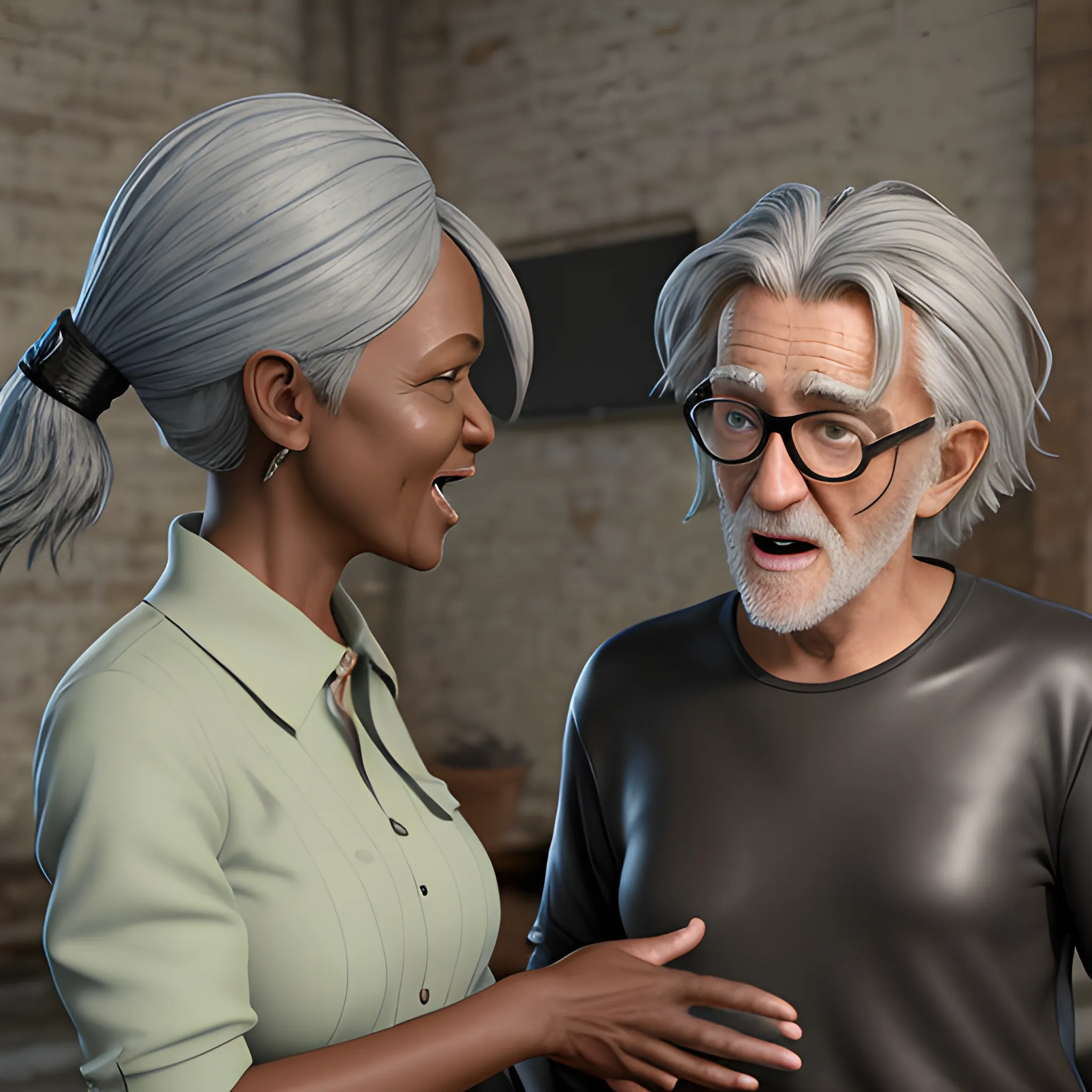 
old wild anchovy talking to a pumped-up black woman, 3D