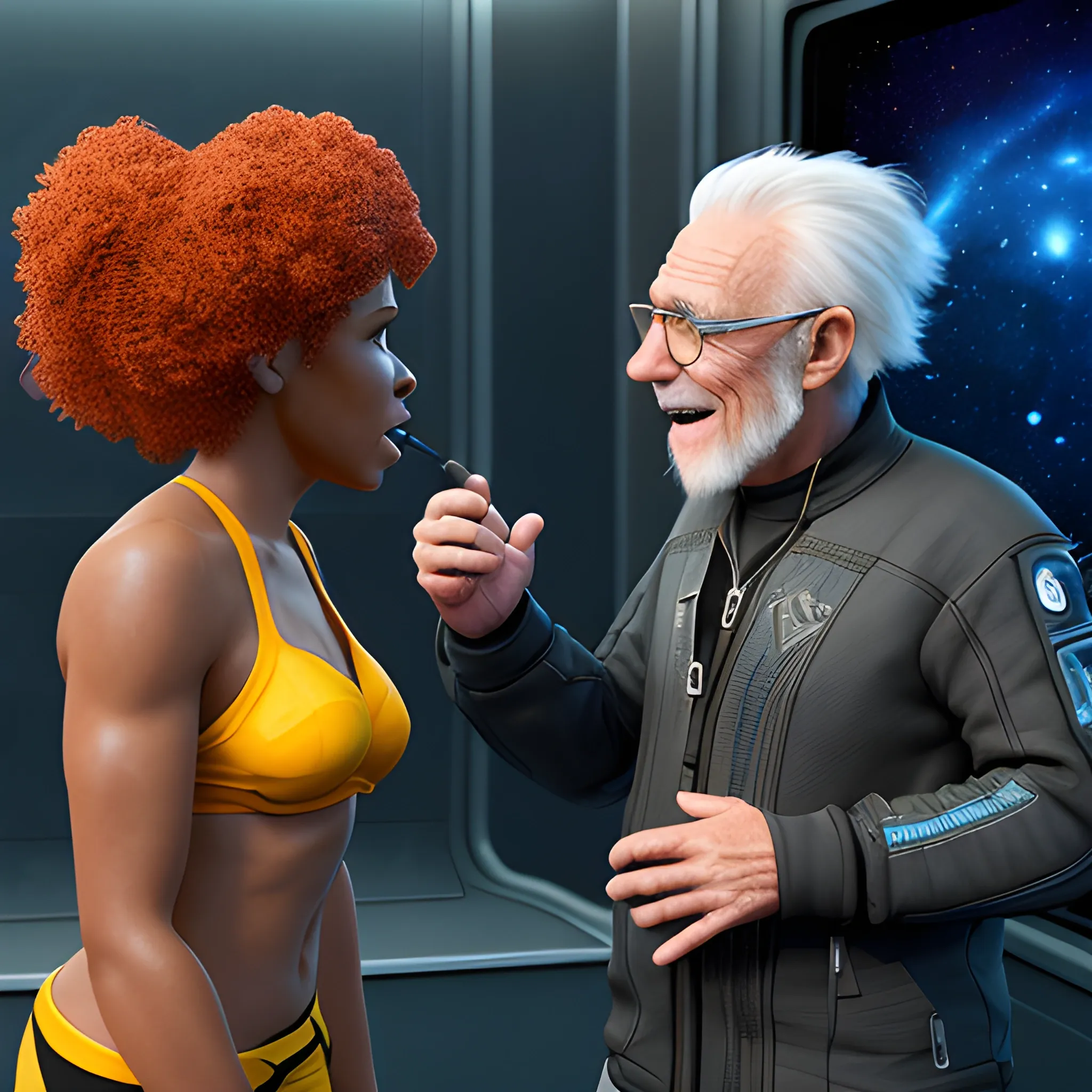 
old wild fish talking to a pumped-up black woman, in space 3D, 3D