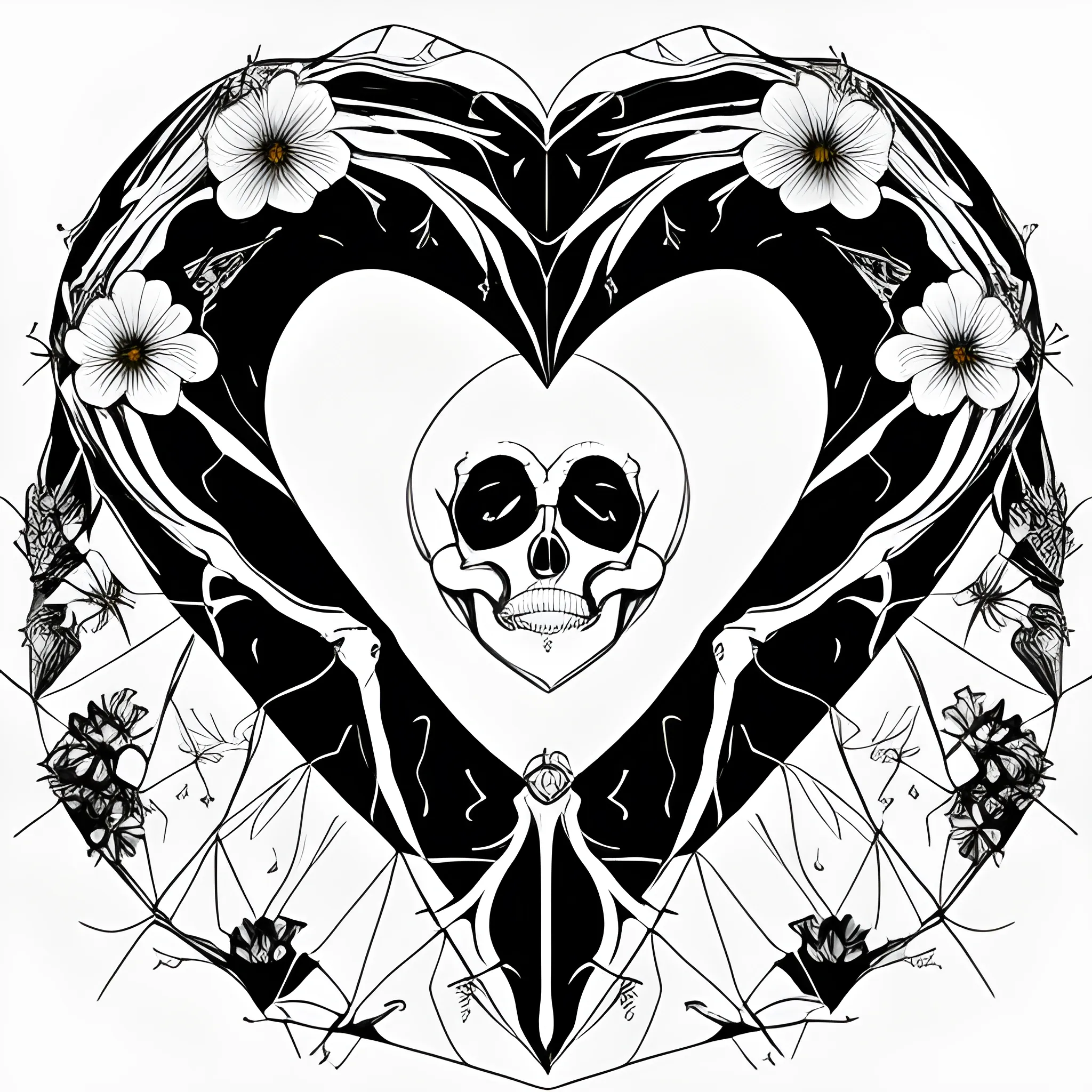 “Design a vector image that artistically represents a human skeleton with a heart at its center, depicted as if it’s bleeding. Surround the heart and skeleton with an array of intertwining flowers, adding a contrast of life and beauty to the composition. The entire image should be styled as a delicate pencil sketch, with attention to fine lines and shading to give depth and texture to the elements. Emphasize the interplay of anatomy and flora to create a striking, poignant piece.”