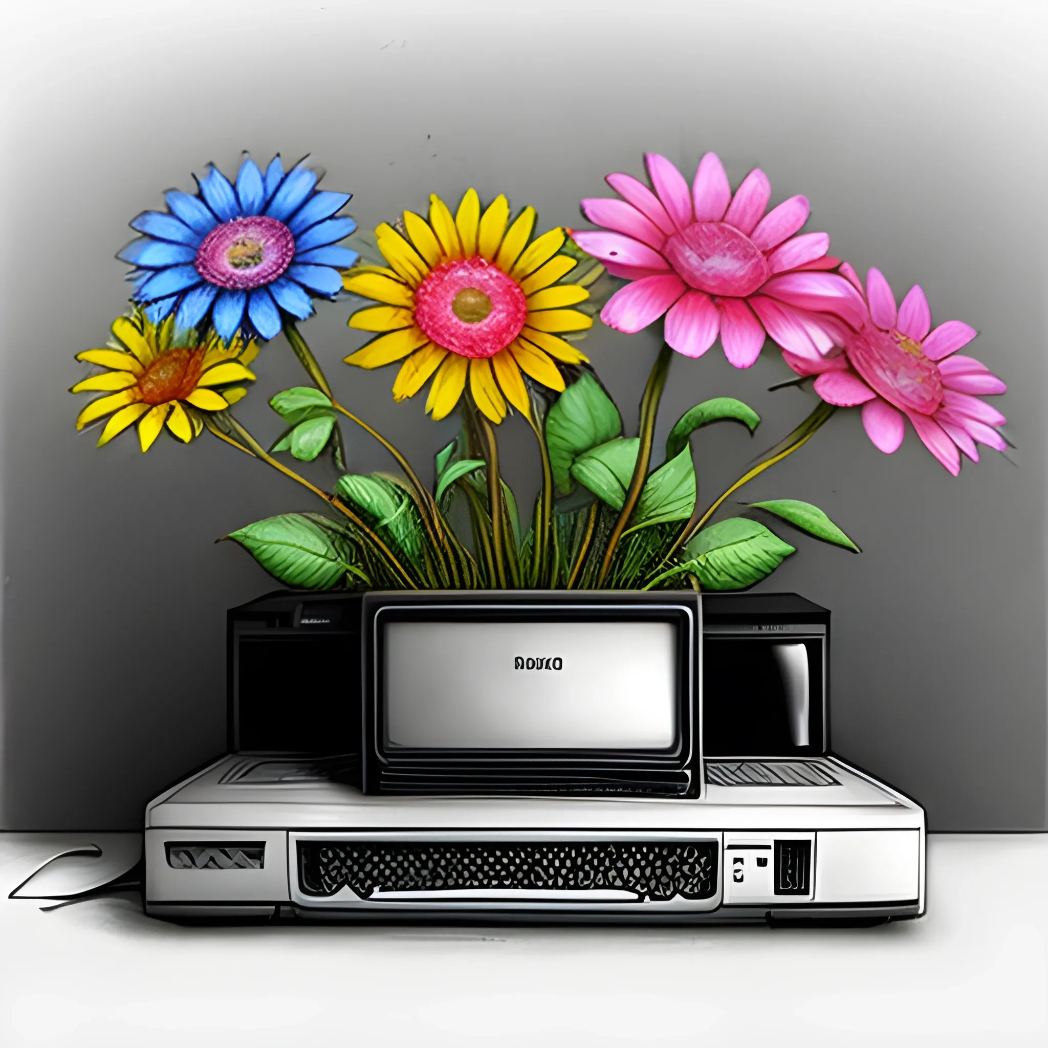flowers growing from an old computer, using different colours on the flowers  , Pencil Sketch