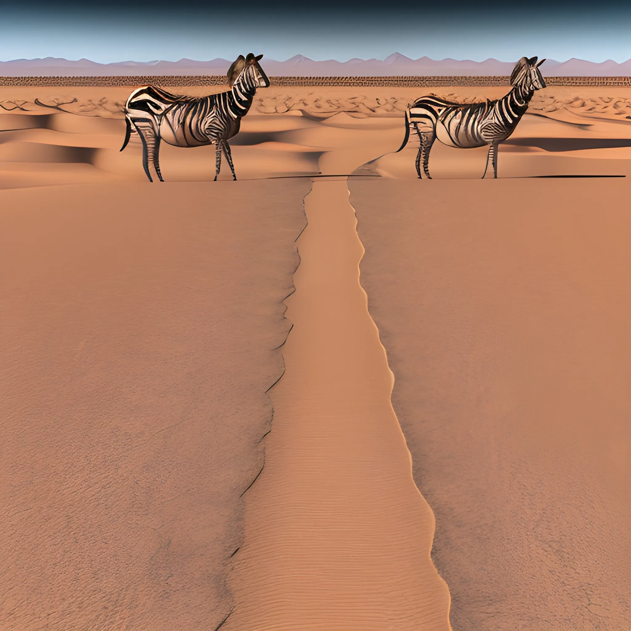 a desert with a zebra walking far away , 3D
