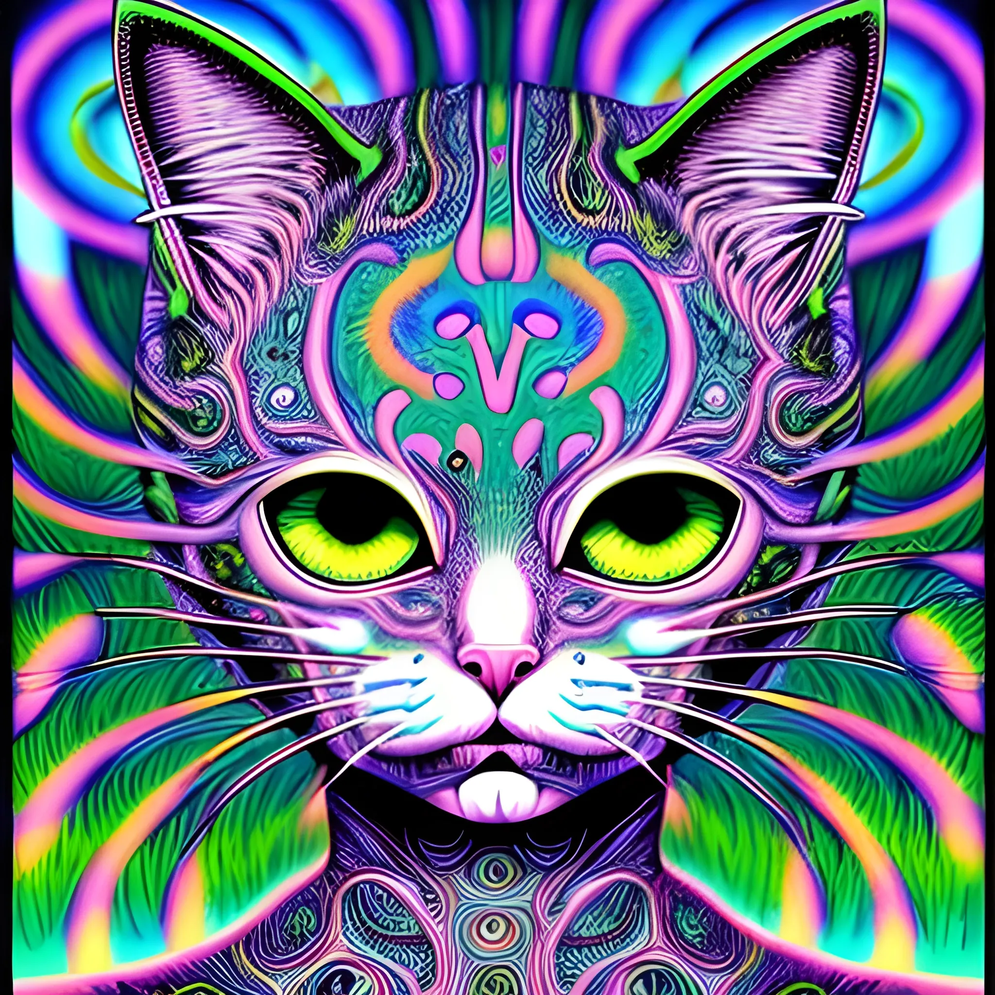 Cat, Conjuring Psychedelic Illustration, part by Shintaro Kago, part by Alex Gray, ultra realistic, highly detailed, 8k, symmetry, grotesque, vibrant,
