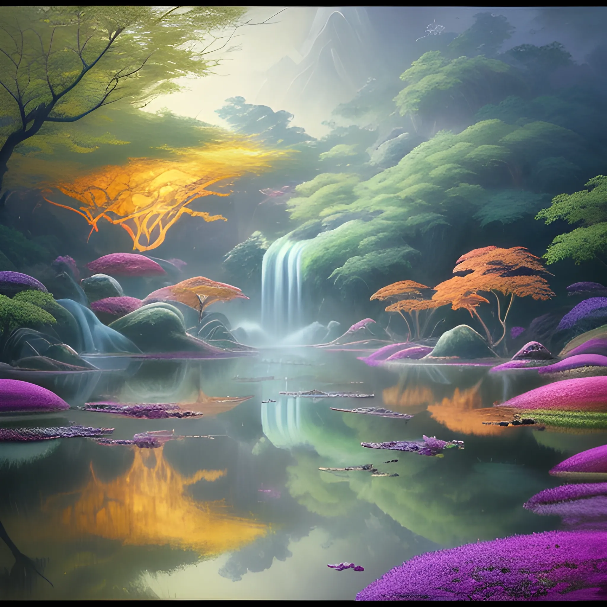 (by Ananta Mandal (and Andrew Biraj:0.5)), (in the style of nihonga), Style: Abstract, Medium: Digital illustration, Subject: An otherworldly landscape with floating islands, cascading waterfalls, and vibrant flora and fauna. Camera Angle: Overhead shot capturing the vastness and intricate details of the scene. The colors are saturated, and the lighting creates a warm and ethereal atmosphere. The painting is highly detailed, with every brushstroke capturing the complexity of the imaginary world., (high quality), (detailed), (masterpiece), (best quality), (highres), (extremely detailed), (8k), Oil Painting, Oil Painting