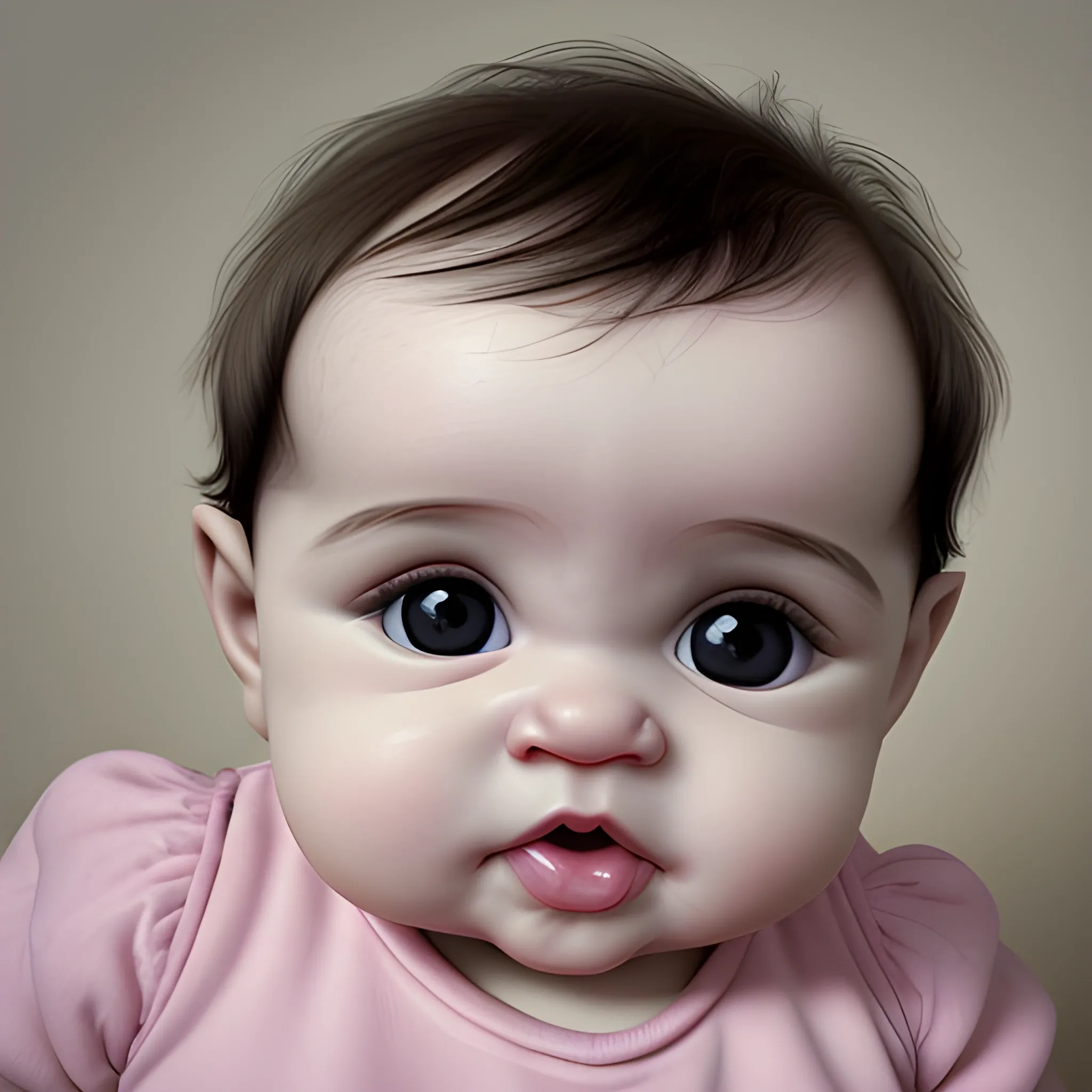 el rostro de un bebe en hiperrealismo hasta los hombros, el bebe es rubio y de ojos grises, labios gordos y con baba, esta chupando un juguete y con la mirada al frente

