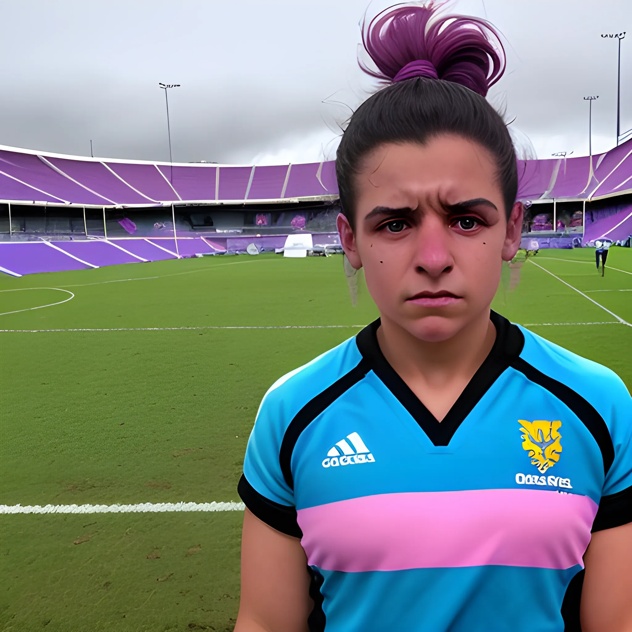 una jugadora de rugby con una camiseta celeste y amarilla, pelo rosa atado en una ponytail. La rodilla derecha en el pasto y la izquierda con el pie apoyado en el suelo, en le brazo derecho tiene la pelota de rugby y con el brazo izquierdo muestra la palma al frente. Tiene un ojo morado y le sangra la nariz, en la cancha llueve y es de noche