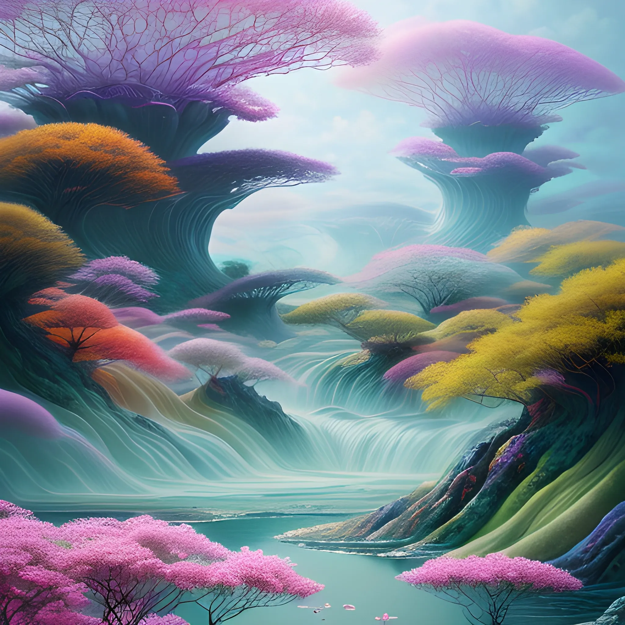 (by Ananta Mandal (and Andrew Biraj:0.5)), (in the style of nihonga), Style: Abstract, Medium: Digital illustration, Subject: An otherworldly landscape with floating islands, cascading waterfalls, and vibrant flora and fauna. Camera Angle: Overhead shot capturing the vastness and intricate details of the scene. The colors are saturated, and the lighting creates a warm and ethereal atmosphere. The painting is highly detailed, with every brushstroke capturing the complexity of the imaginary world., (high quality), (detailed), (masterpiece), (best quality), (highres), (extremely detailed), (8k), Oil Painting, Oil Painting, Oil Painting