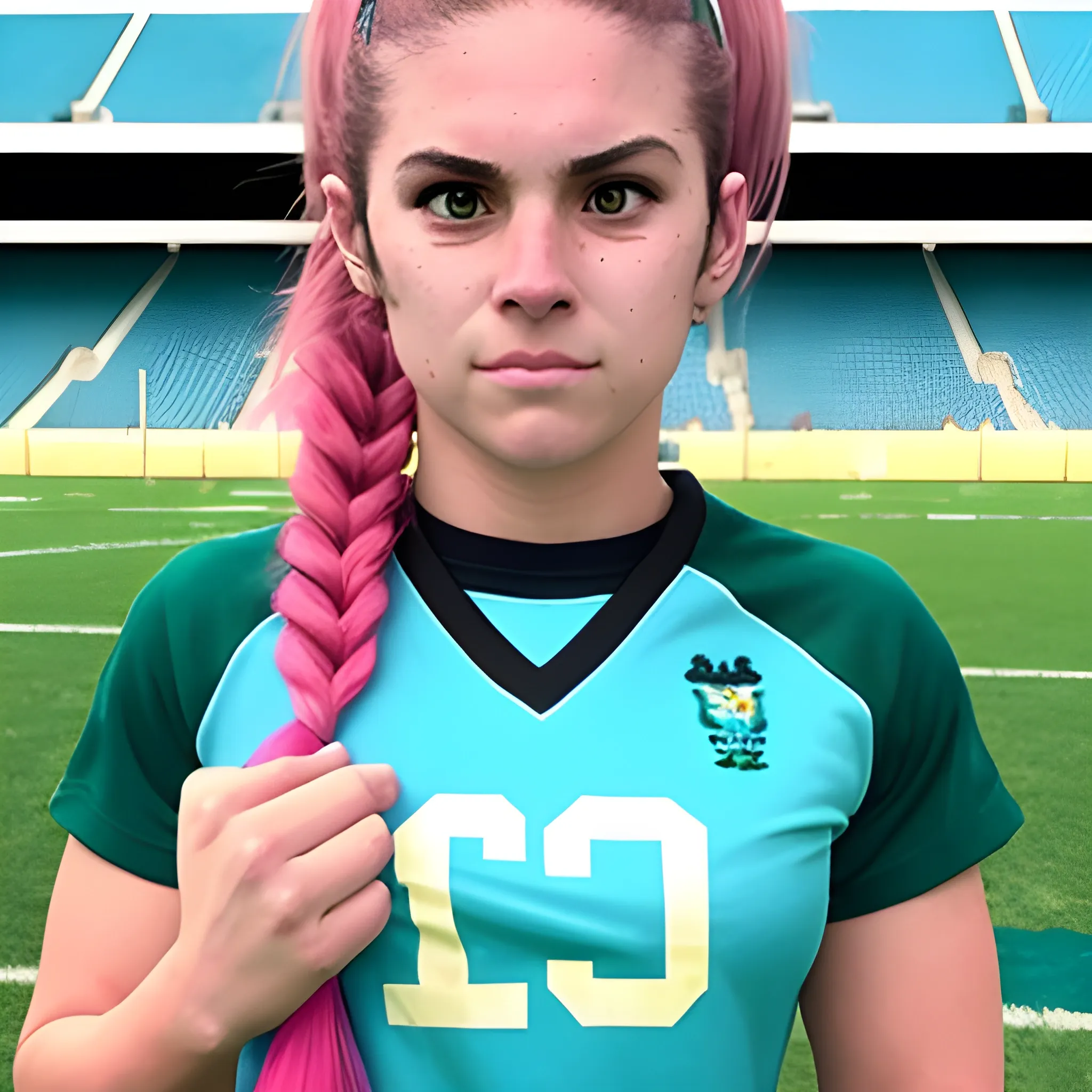 una jugadora de rugby con una camiseta celeste y amarilla, pelo rosa atado en una ponytail tackleando a una jugadora con camiseta verde en una cancha embarrada estilo anime 
