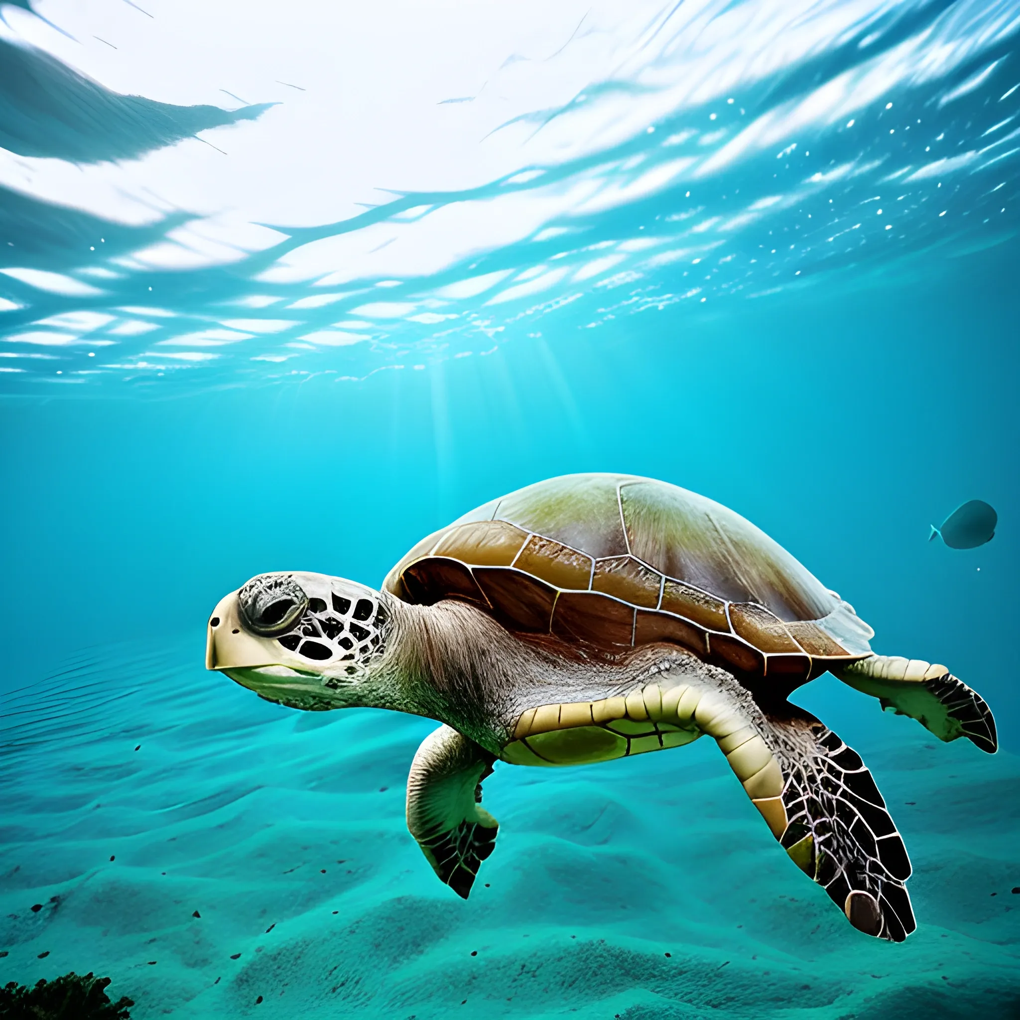 Turtle swimming underwater, photographic