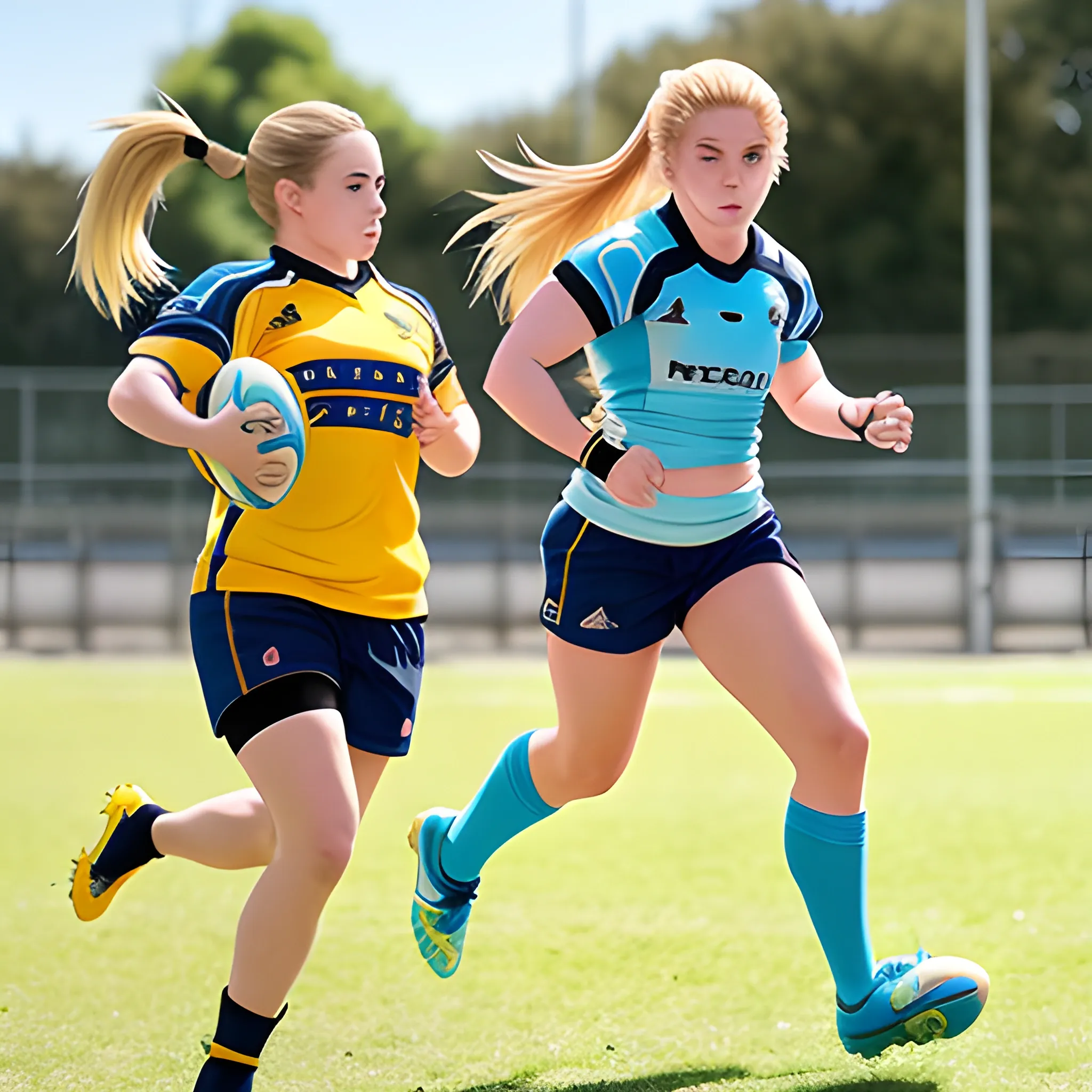 estilo anime una jugadora de rugby con una camiseta celeste y amarilla, pelo castaño con una mecha rubia atado en una ponytail, tiene vendas en la rodilla derecha. Esta corriendo con la pelota en las manos  la cancha esta soleada