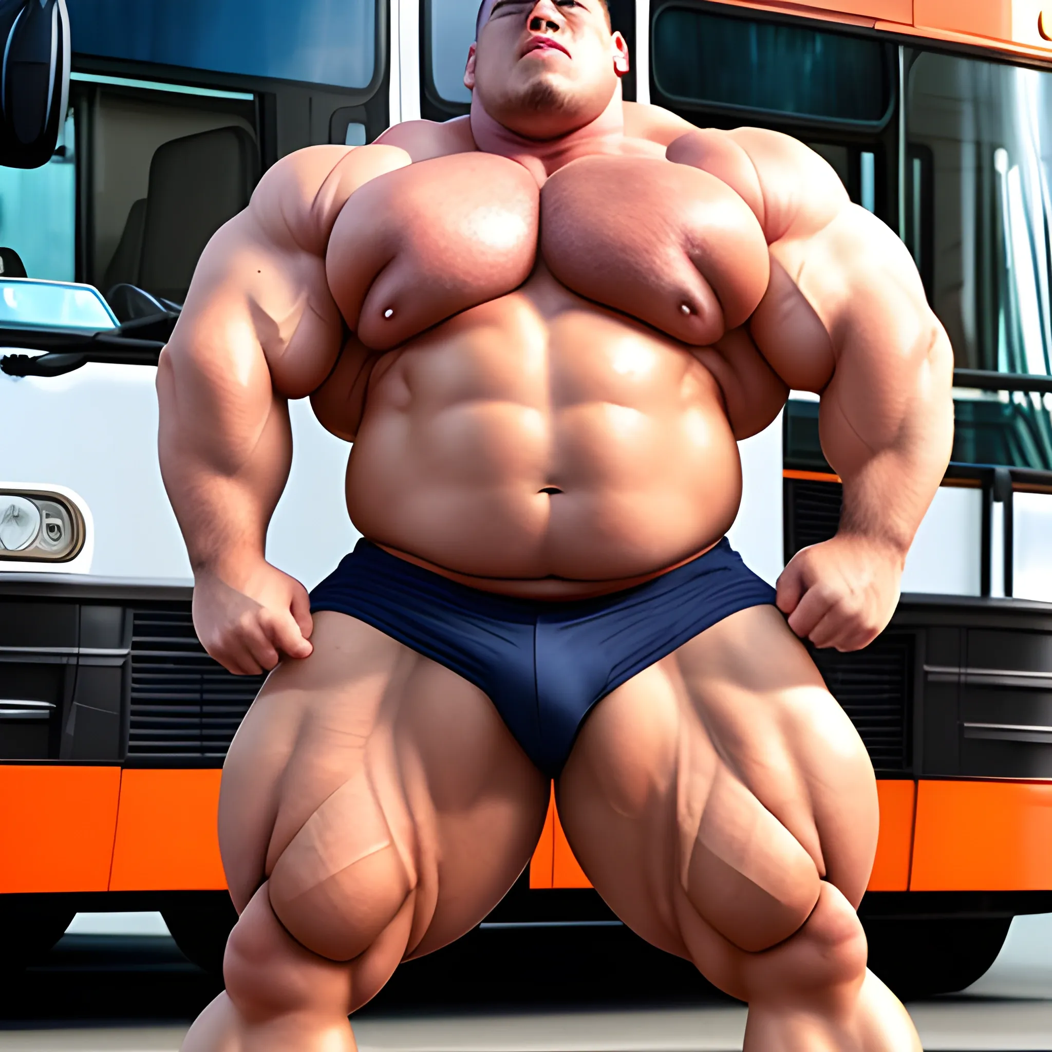 Big huge bodybuilder, standing next to a bus, very tight clothes, huge pecs, big round muscles, beefy, chubby, big huge testicles leaking through pants, flexing his muscles, biggest chest