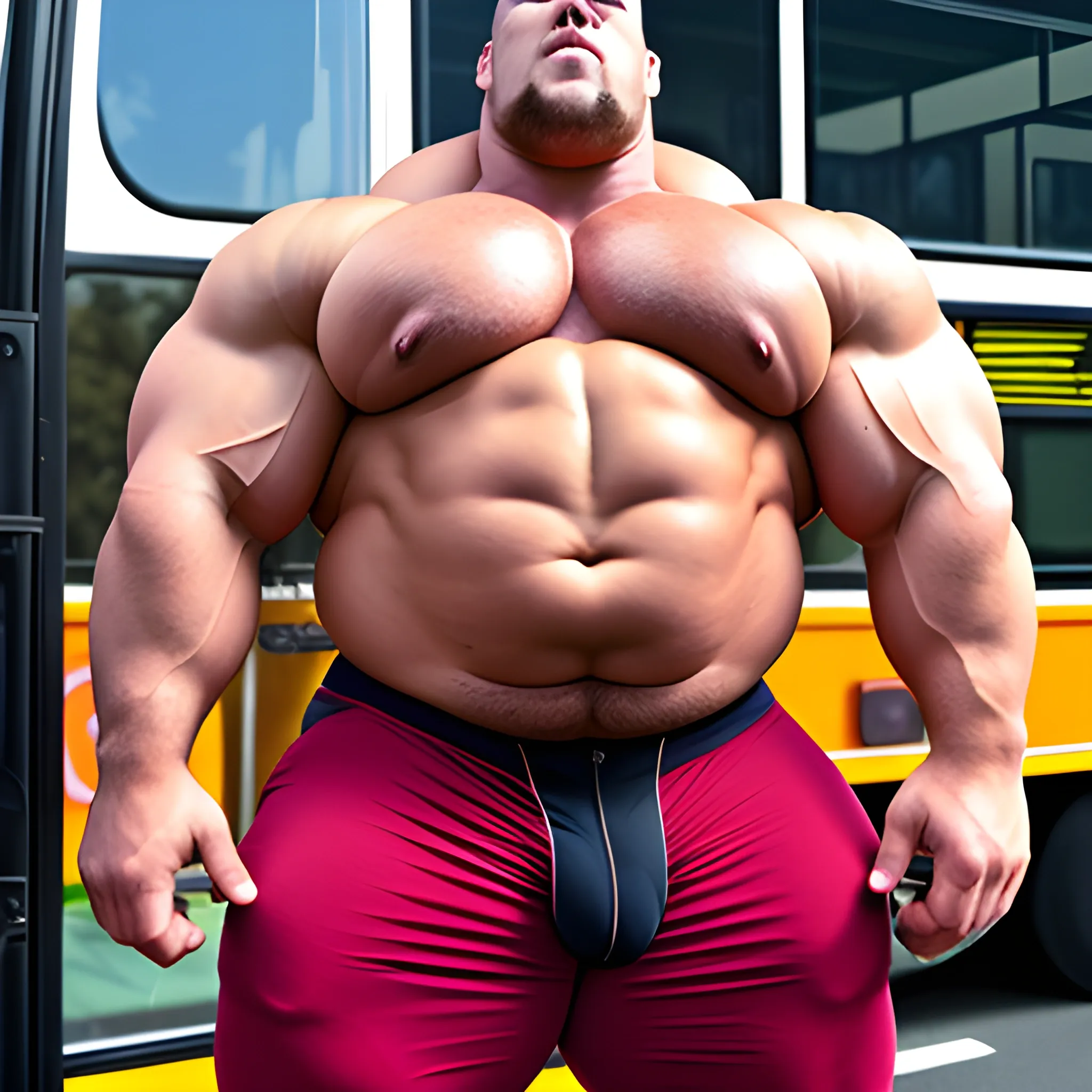 Big huge bodybuilder, standing next to a bus, very tight clothes, huge pecs, big round muscles, beefy, chubby, big huge genitals leaking through pants, biggest chest