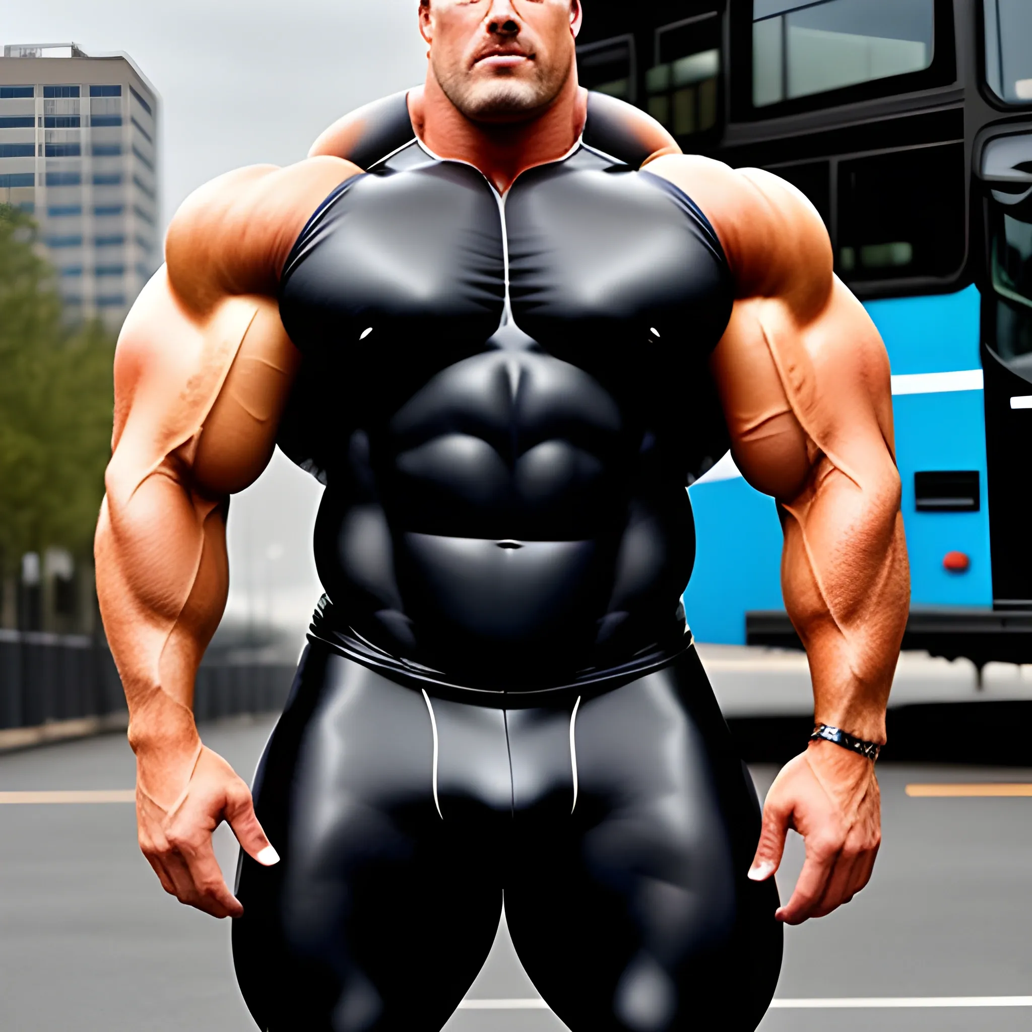 Big huge bodybuilder, standing next to a bus, very tight clothes, huge pecs, big round muscles, beefy muscles, biggest chest, small head in comparison to chest