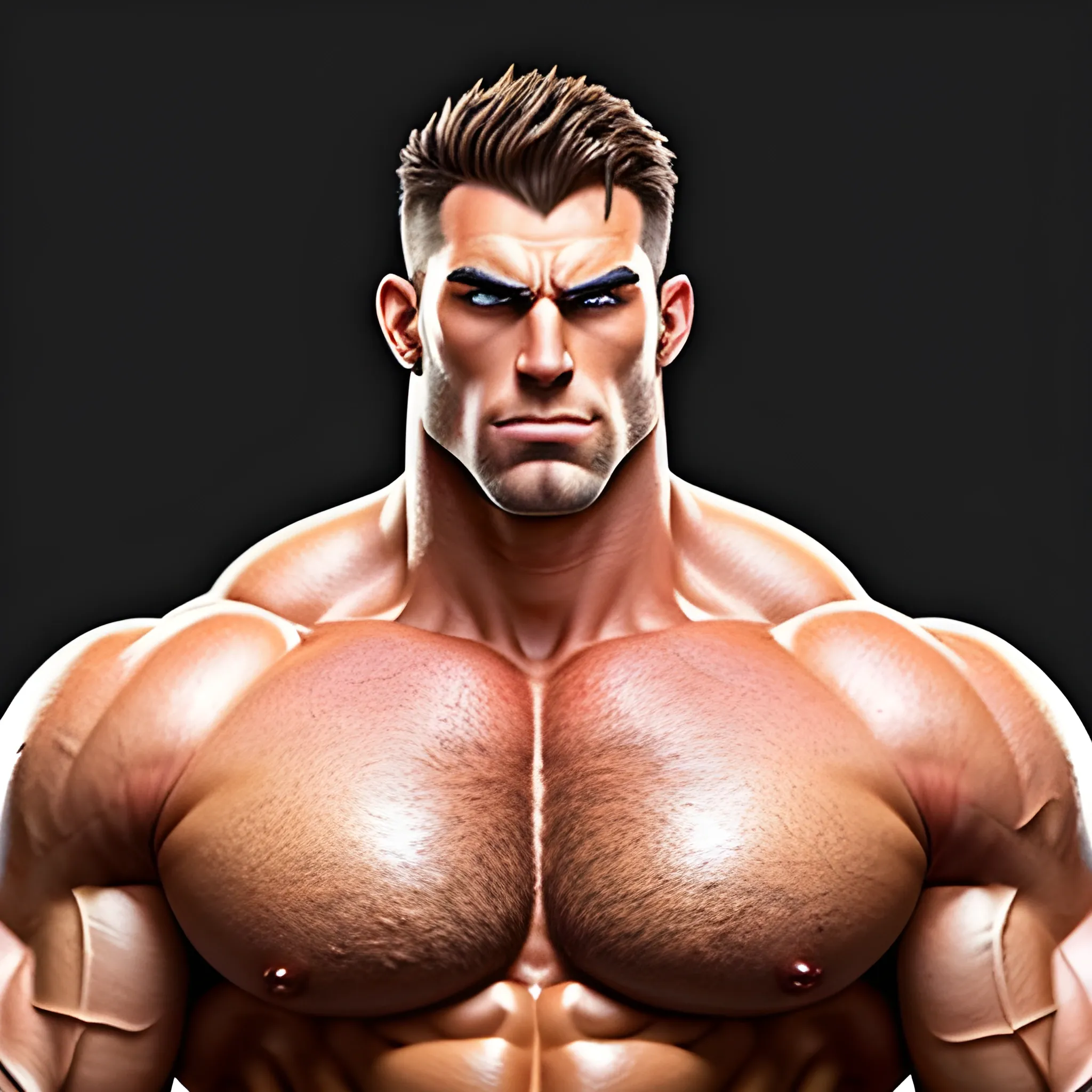 Big huge bodybuilder, huge pecs, big round muscles, beefy muscles, biggest chest, small head in comparison to chest, 7 foot tall, standing next to an normal person