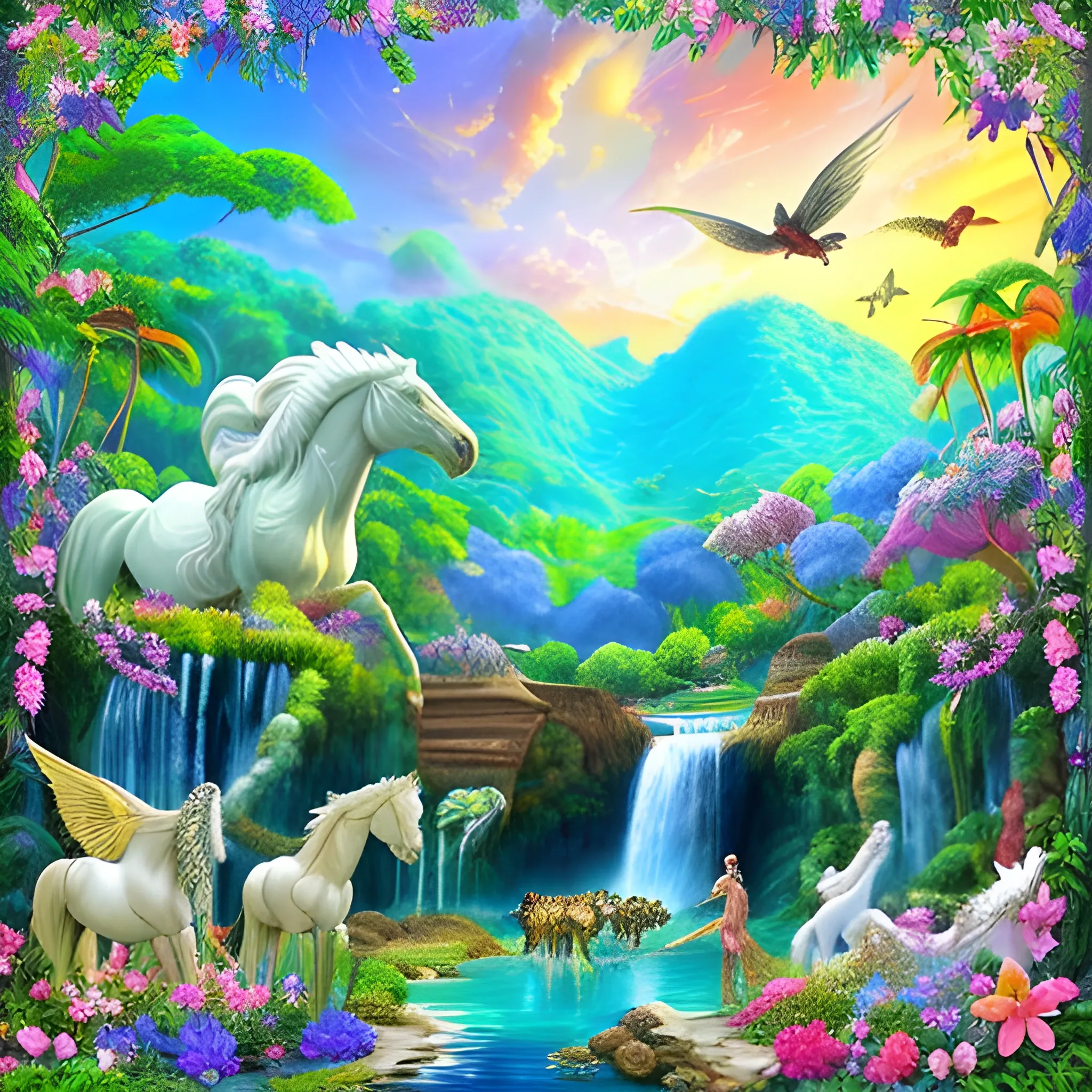 Create a sophisticated and mature version of the previously described paradise scene with mosaic illustration, bright sephirot, colorful flowers, rivers, waterfalls, exotic animals, and white winged horses in a beautiful forest., Trippy