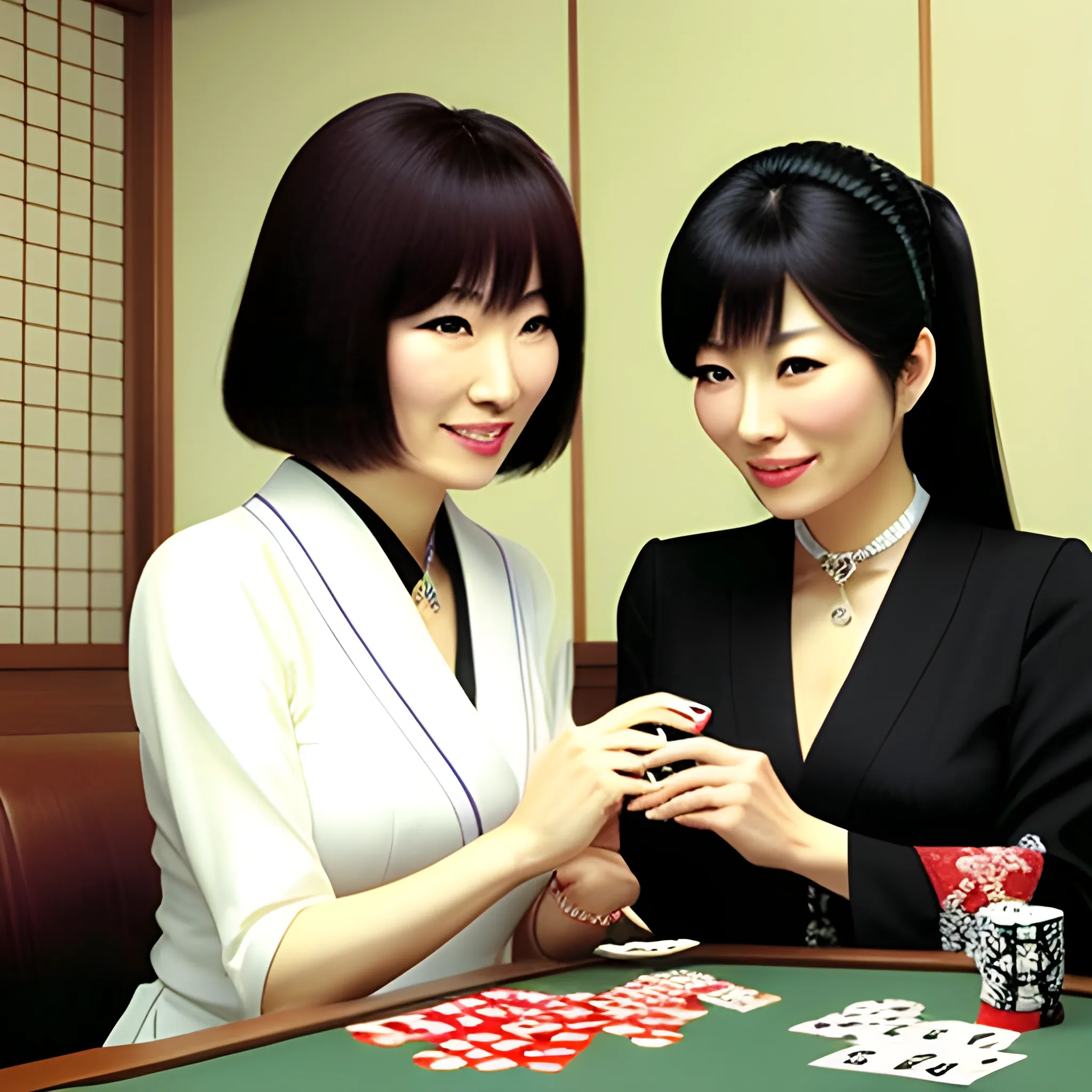 cute japanese girl playing cards with her sister